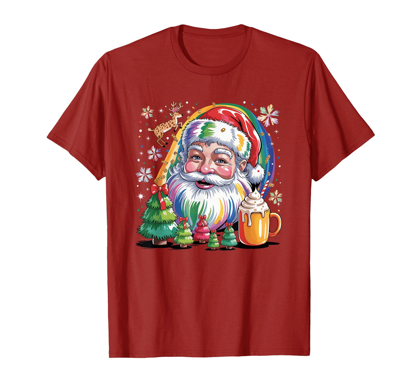 Colorful Rainbow Santa Christmas Cocoa and Tree T-Shirt