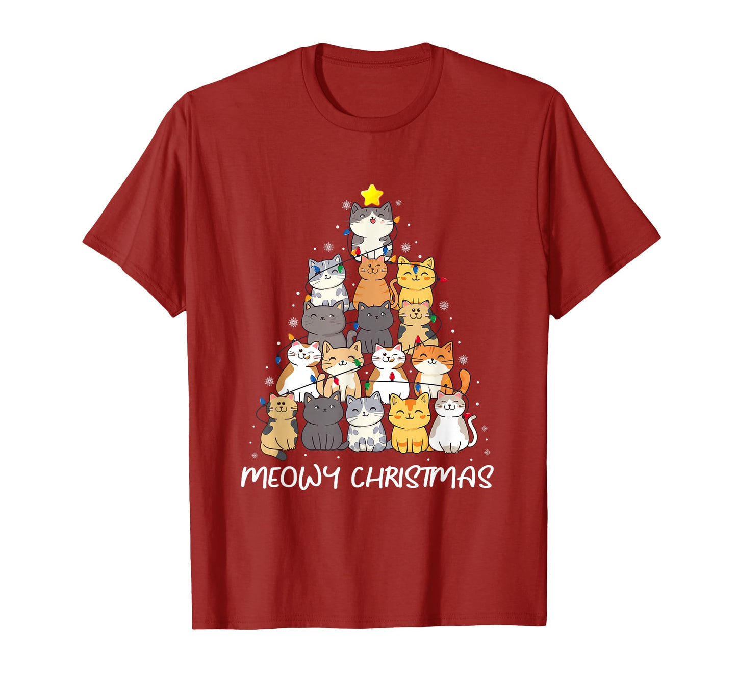 Meowy Christmas Cat Tree Lights Funny Xmas Family Men Women T-Shirt