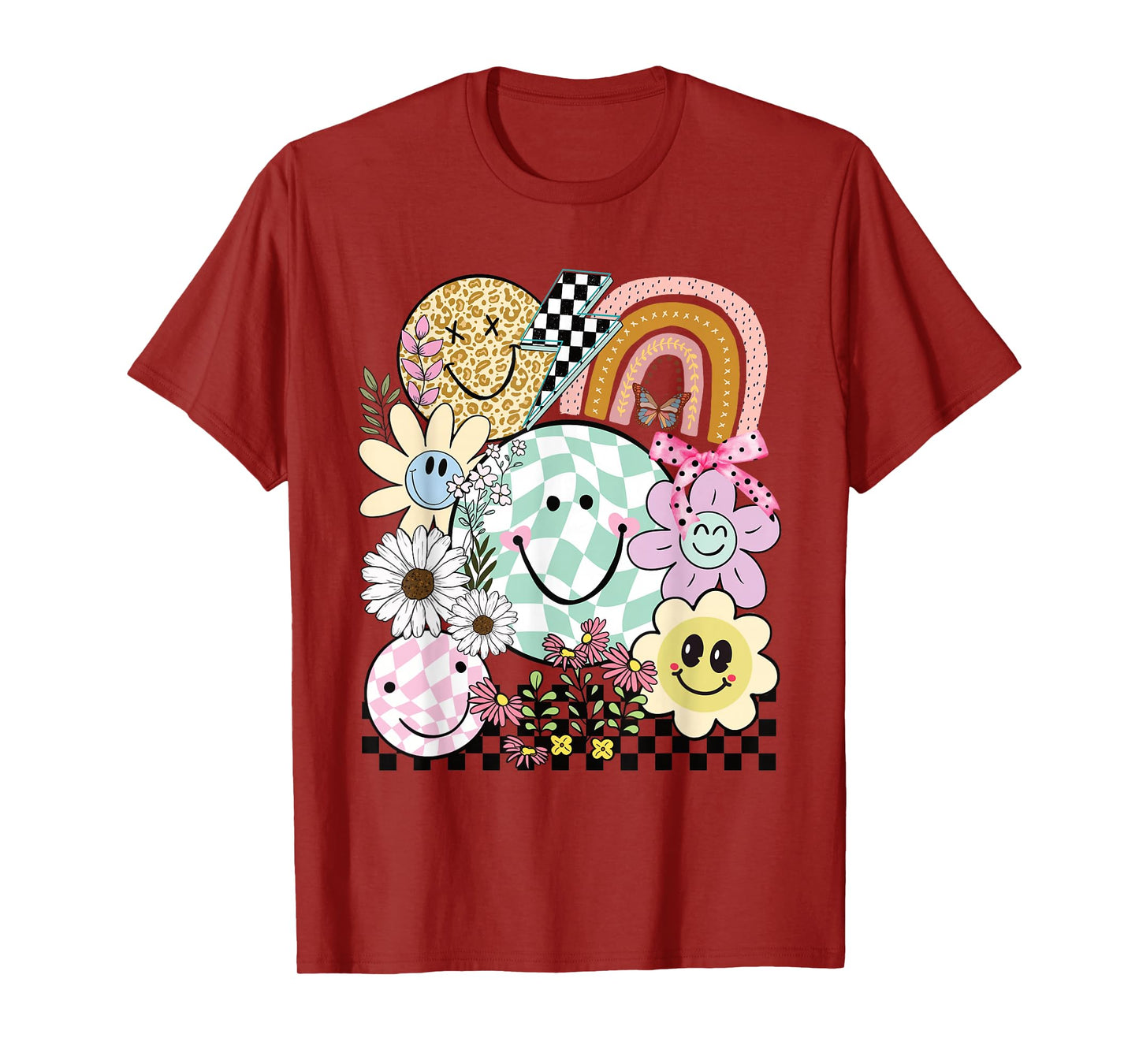 Funny Checkered Happy Smiling Smile Face Daisy Flower Girl T-Shirt