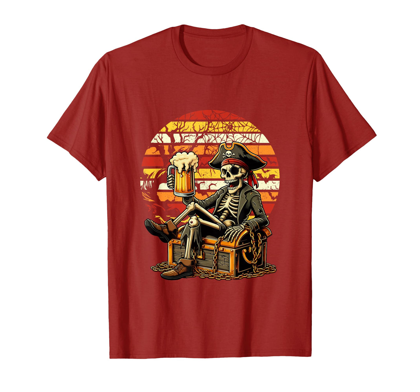 Vintage Retro Halloween Skeleton As Pirate Drinking Beer T-Shirt