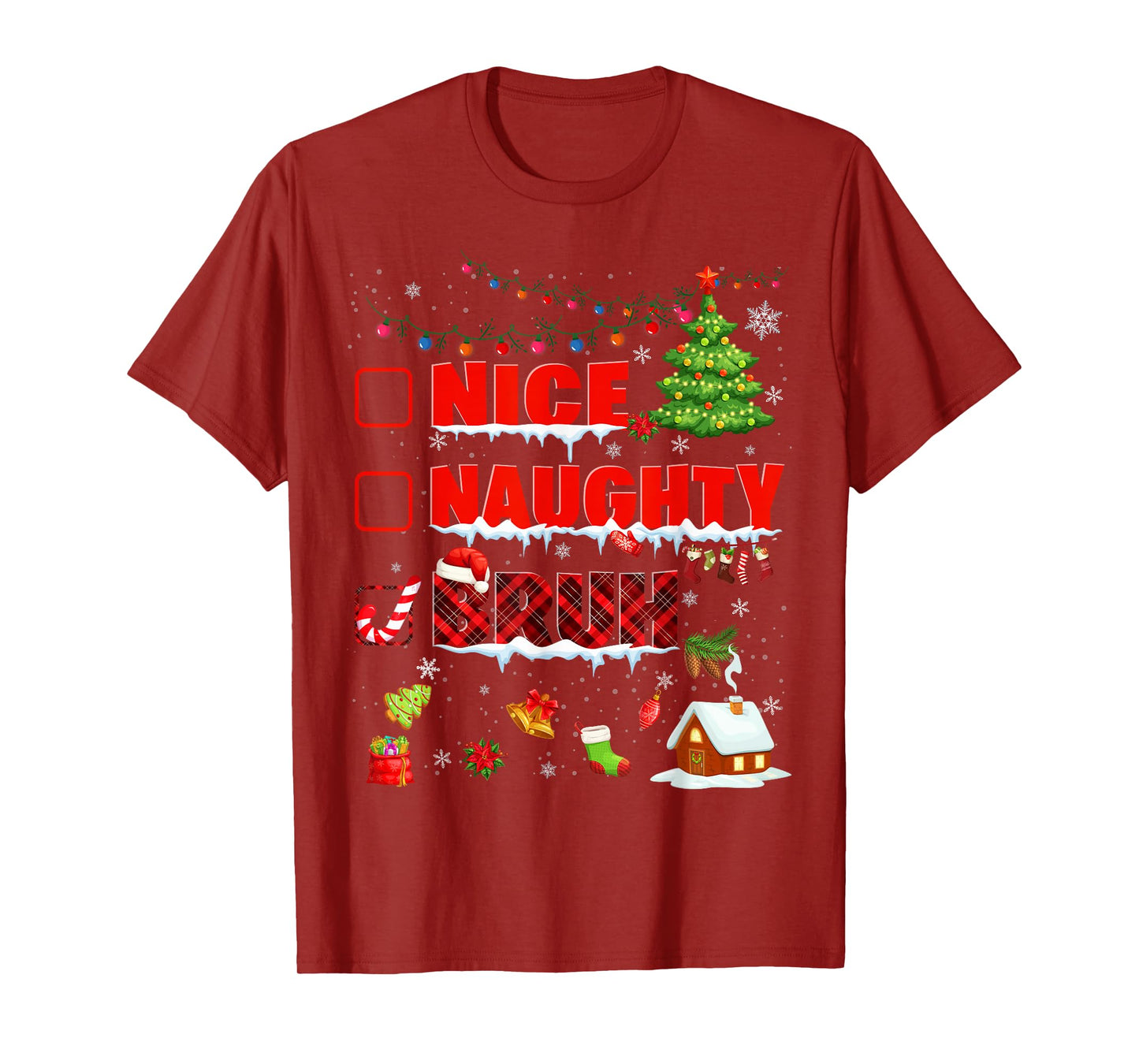 Funny Nice Naughty Bruh Christmas Plaid Pjs Pajamas Boys Men T-Shirt