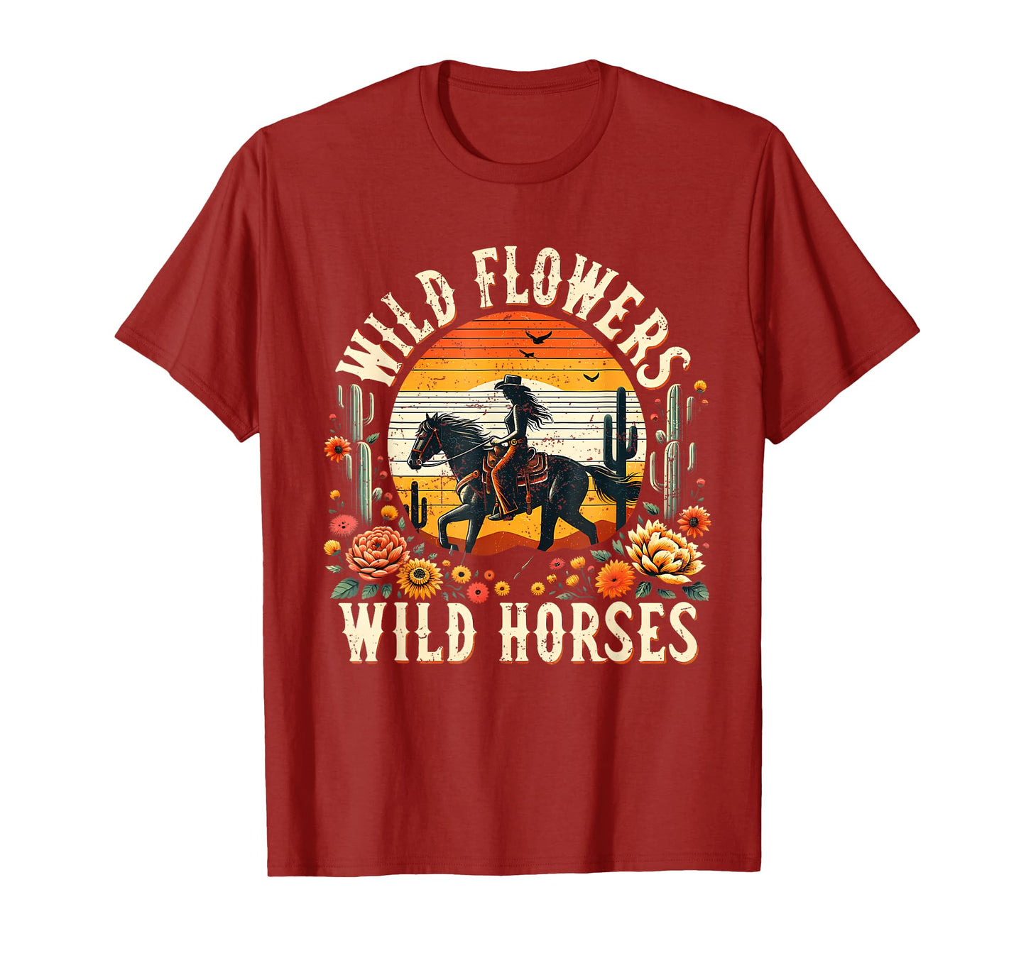 Sunset Cowgirl Riding Horse Wild Flowers Wild Horses T-Shirt