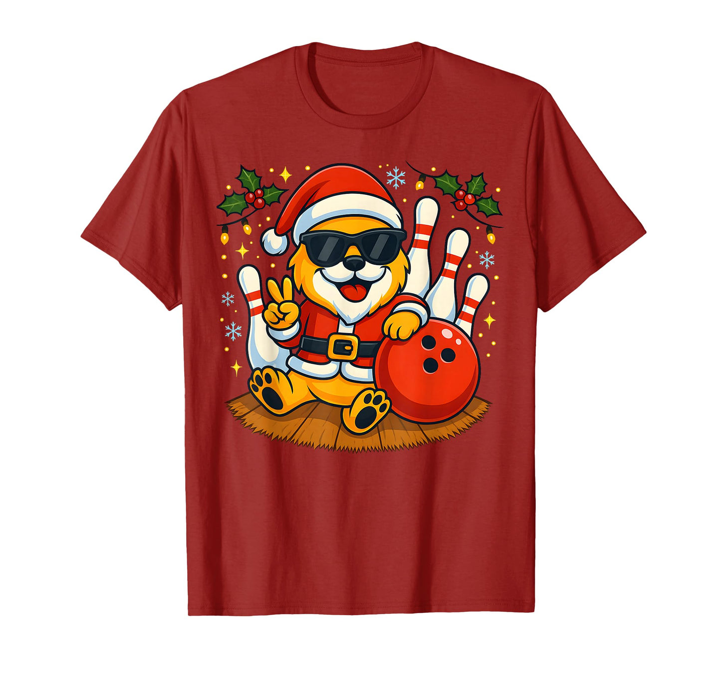 Santa Dog Bowling Christmas Funny Holiday Vibes Men Women T-Shirt