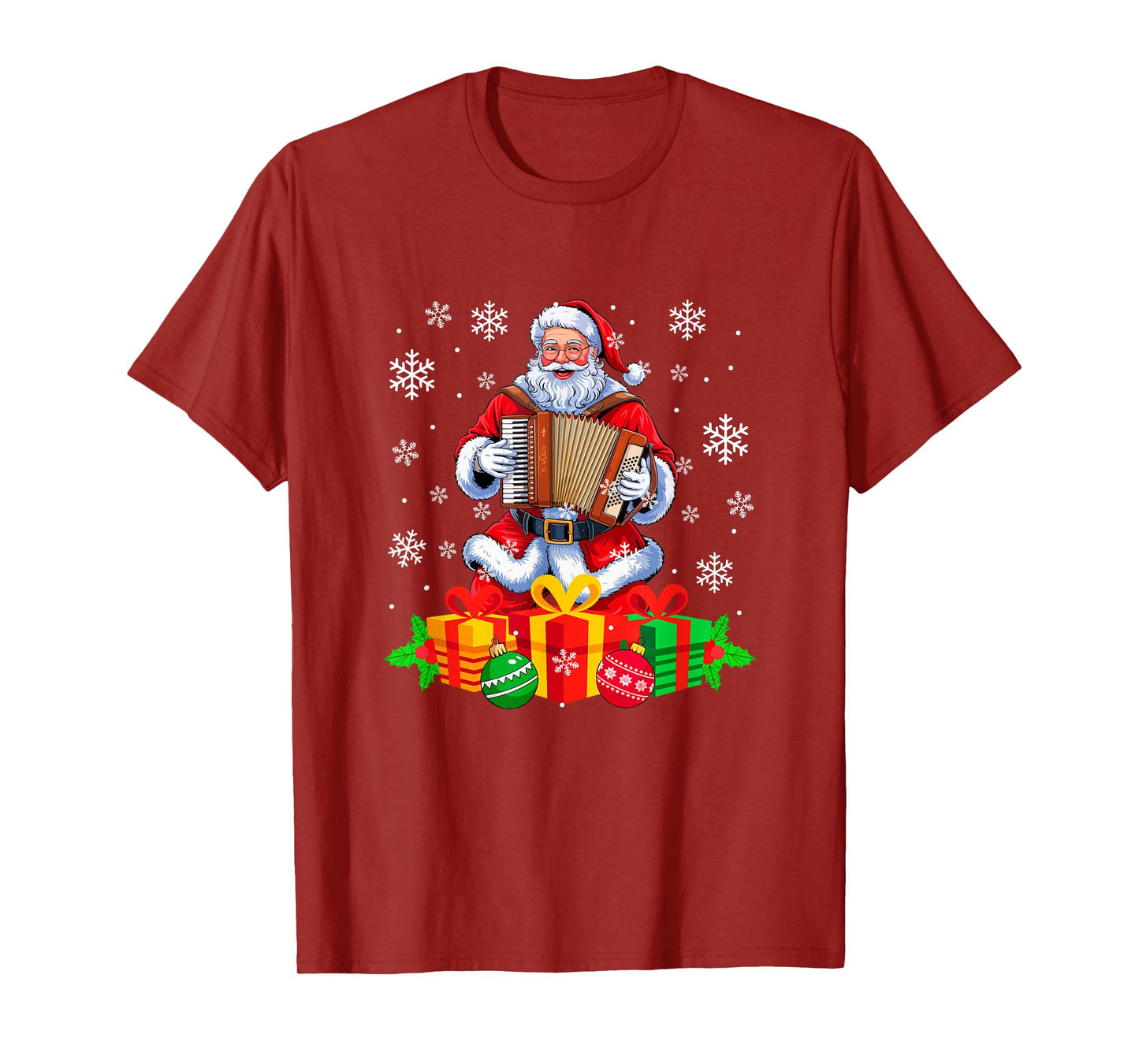 Santa Playing Accordion Instrument Colorful Christmas Boxes T-Shirt