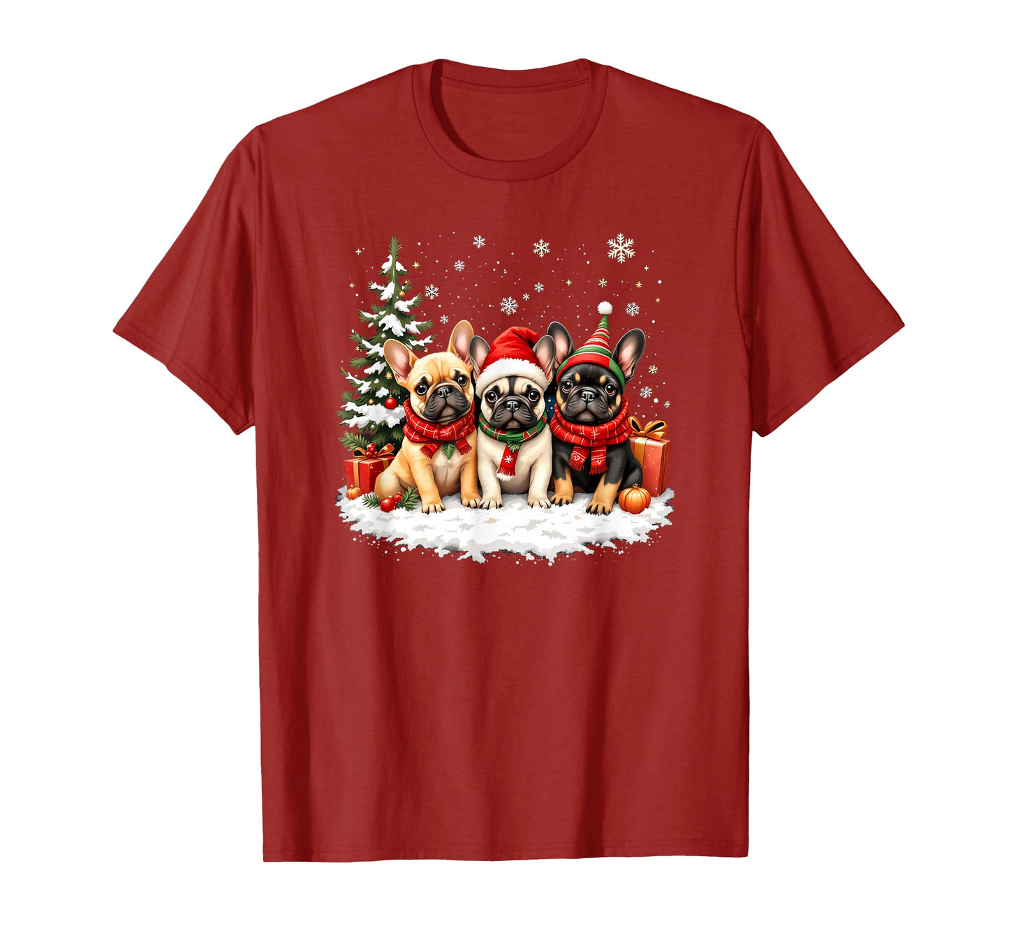French Bulldog Christmas Trio with Santa Claus Snow Tree T-Shirt