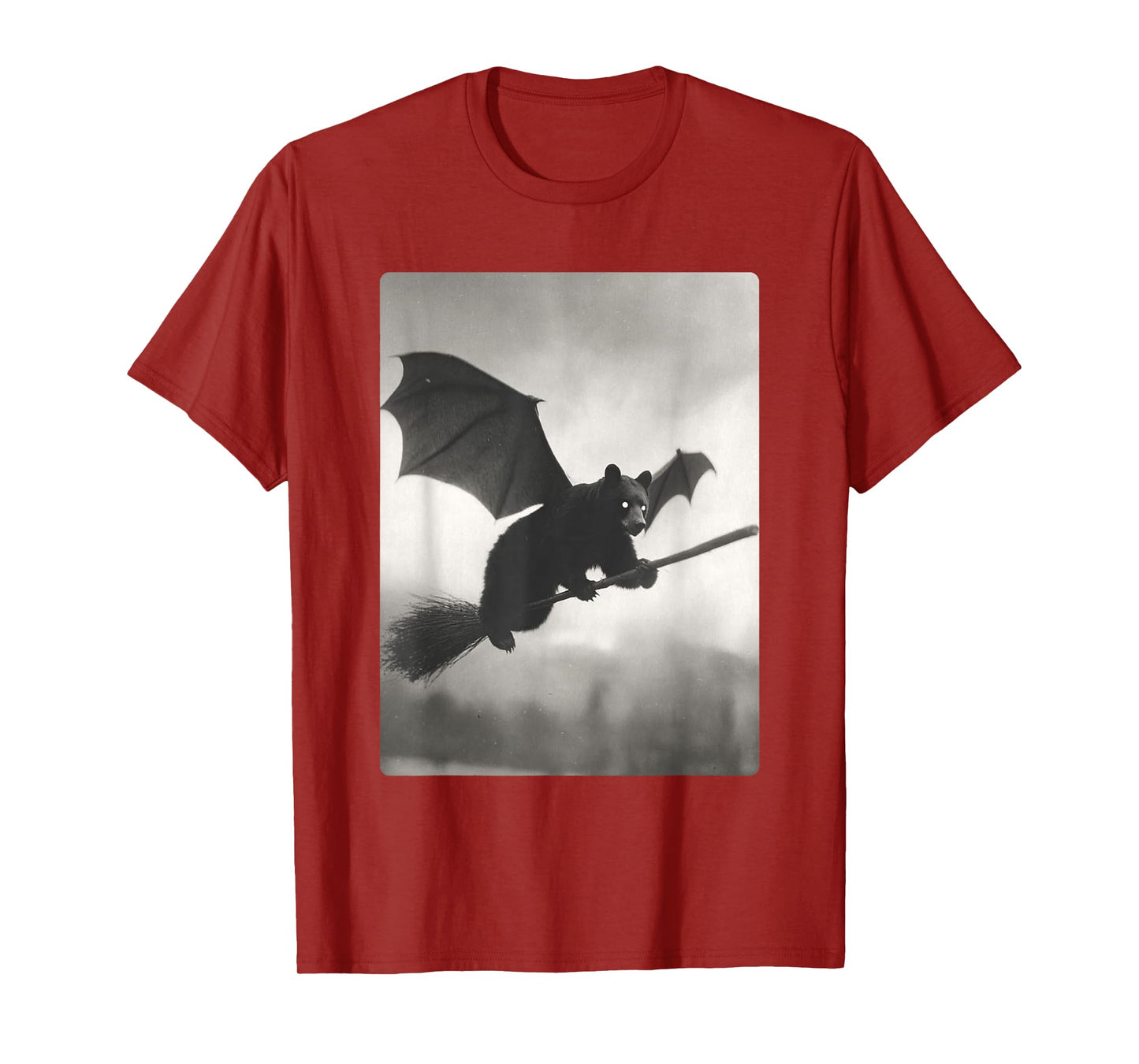 Gothic Bear Flying Witch Broom Bat Wings Spooky Halloween T-Shirt