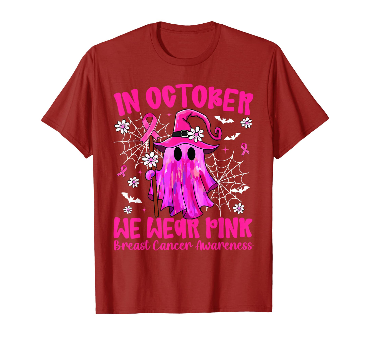 in October We Wear Pink Ghost Witch Breast Cancer Awareness T-Shirt