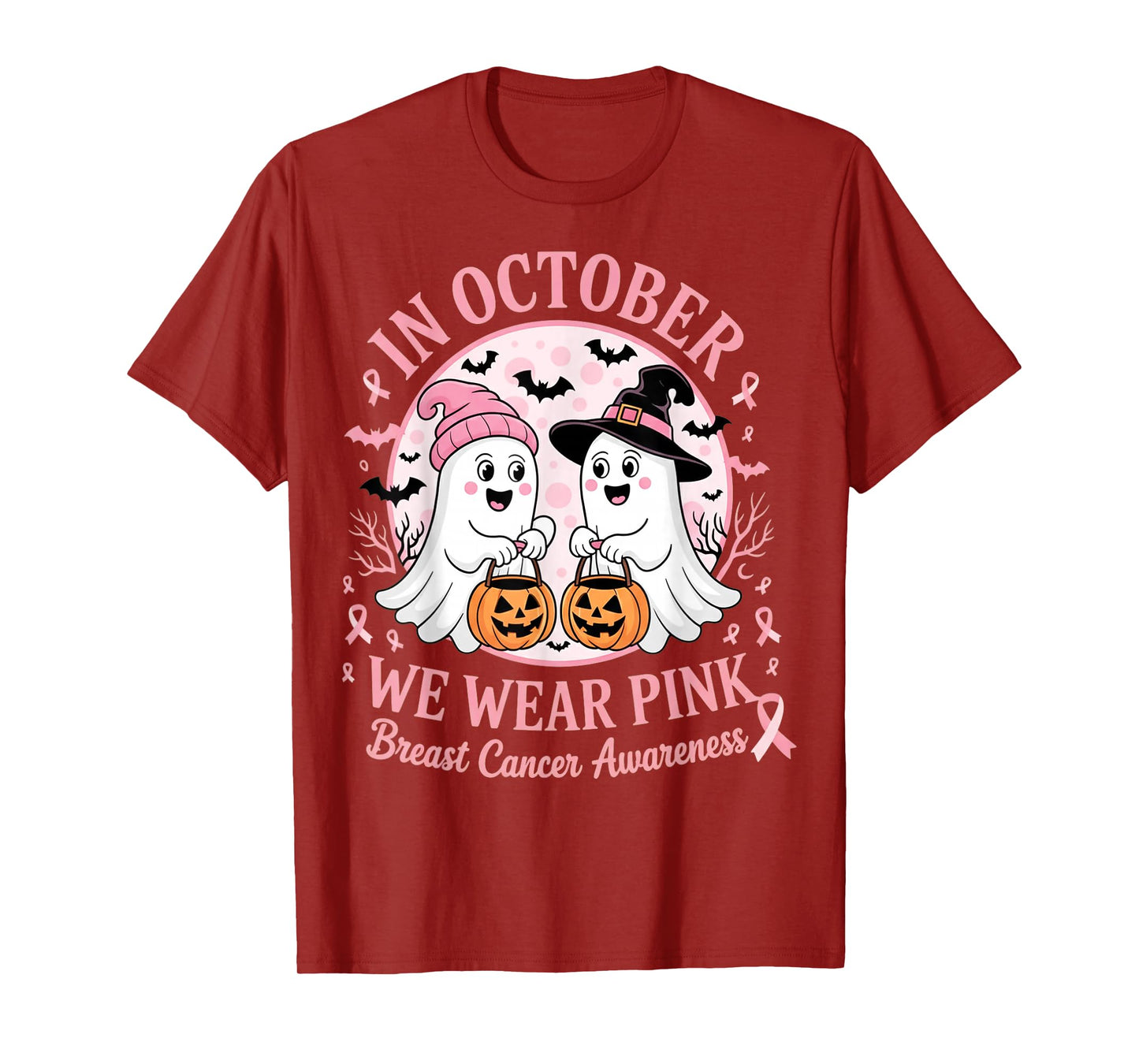 in October We Wear Pink Ghost Witch Breast Cancer Awareness T-Shirt