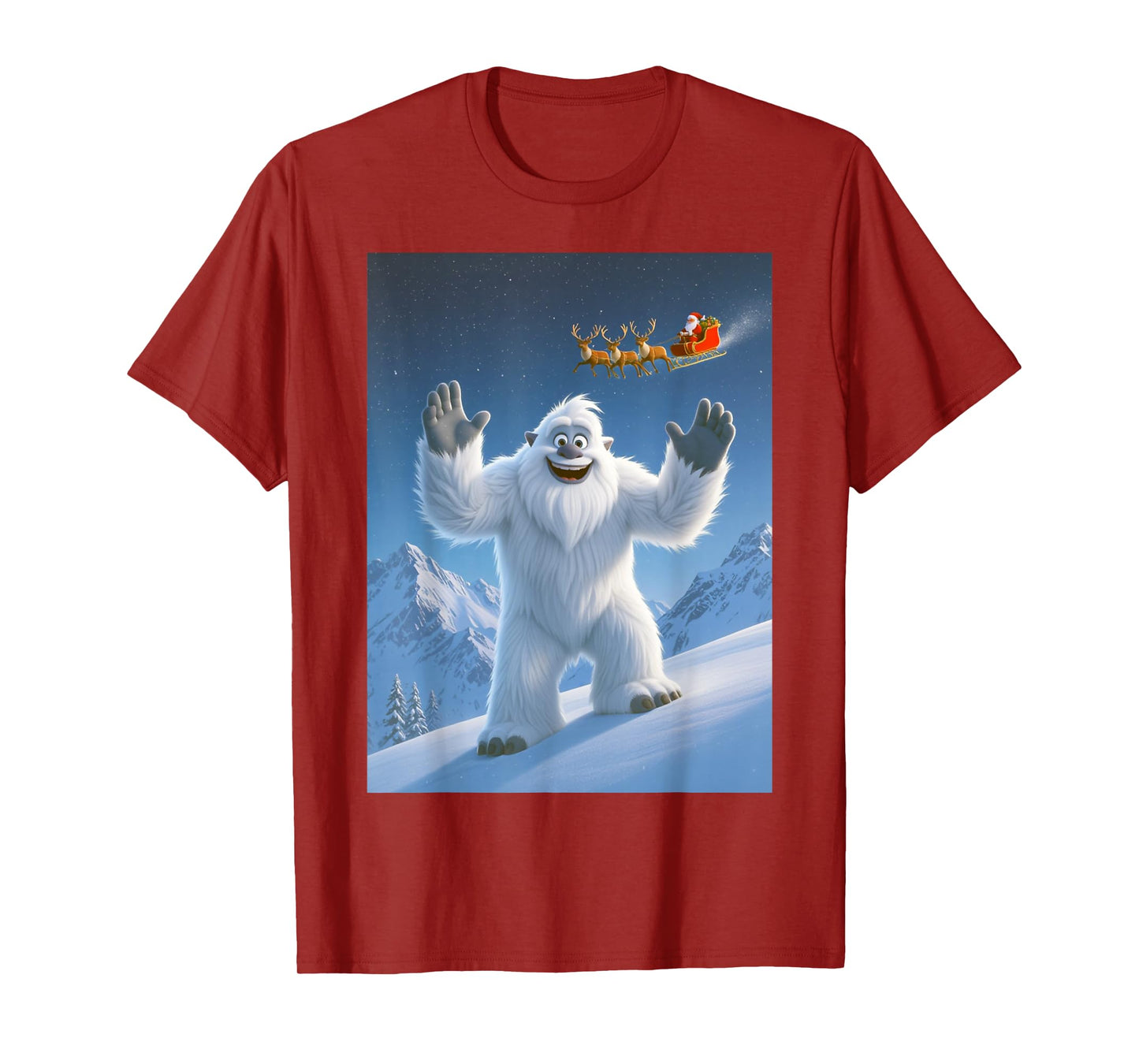 Yeti Waving at Santa Claus Flying Overhead Merry Christmas T-Shirt