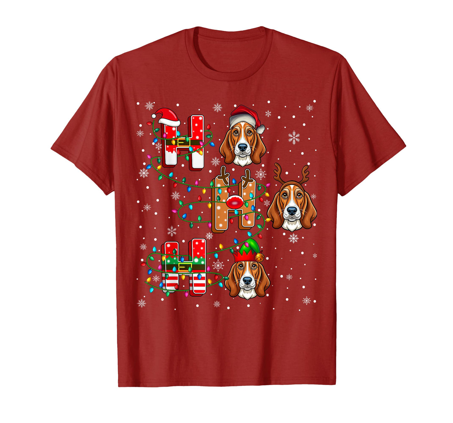 Ho Ho Santa Reindeer Hat Elf Matching Basset Hound Dog Xmas T-Shirt