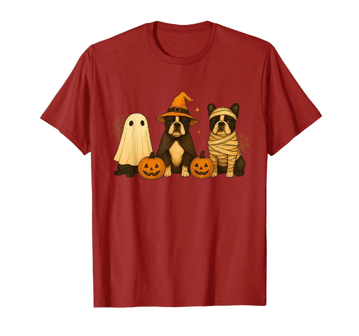 Retro Boston Terrier Witch Scary Halloween Pumpkin Women Men T-Shirt