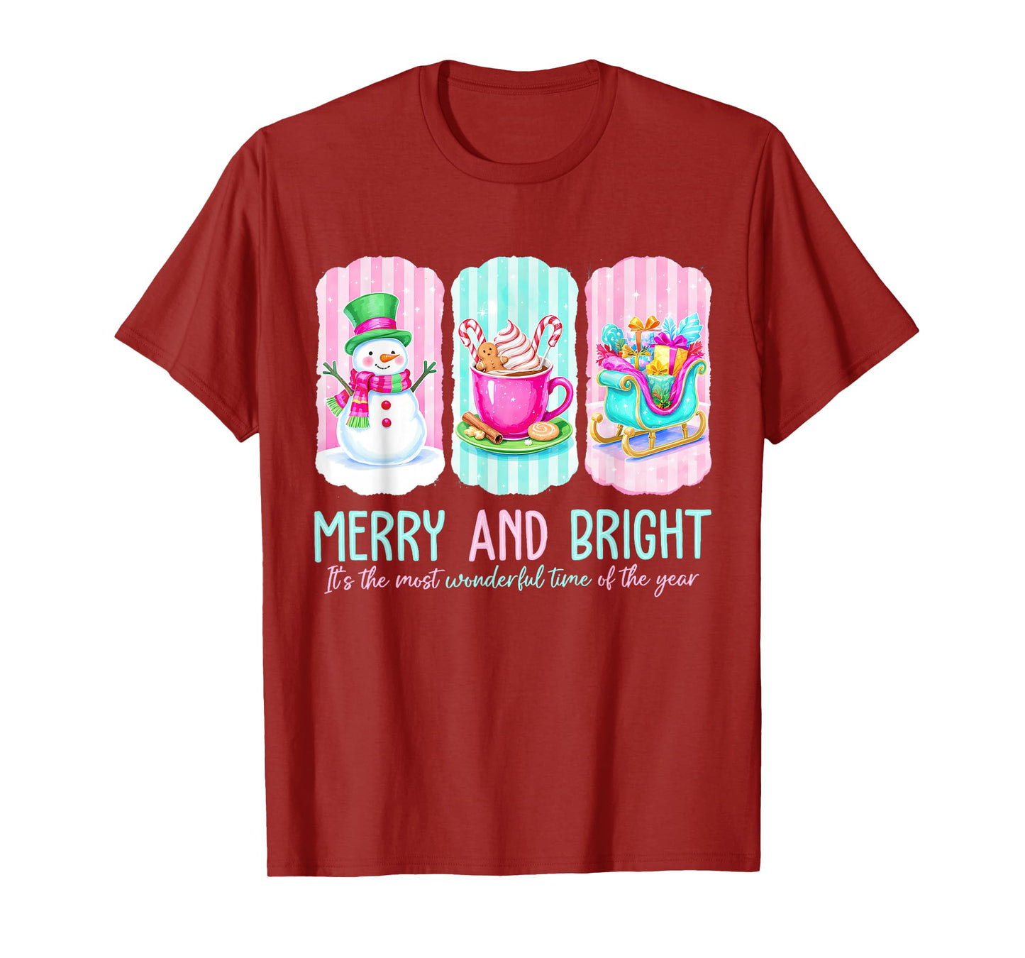 Merry and Bright Gingerbread Santa Snowman Christmas Women T-Shirt