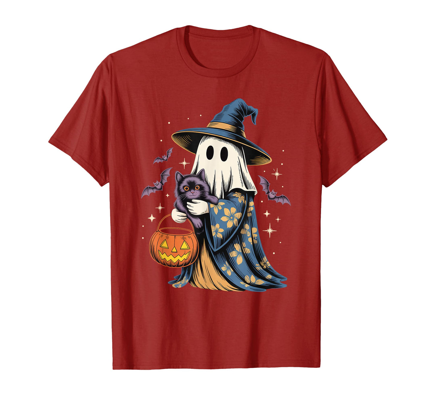 Vintage Halloween Ghost Holding Black Cat Groovy Floral T-Shirt