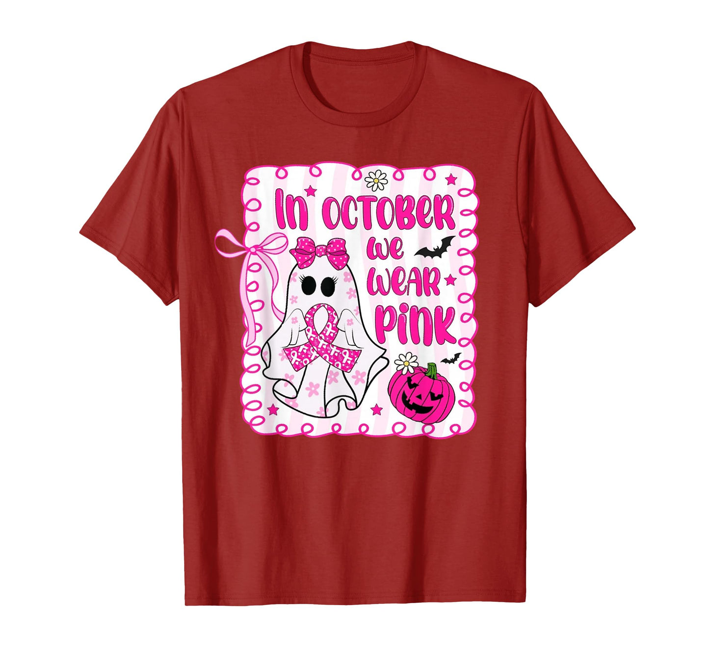 in October We Wear Pink Ghost Witch Breast Cancer Awareness T-Shirt