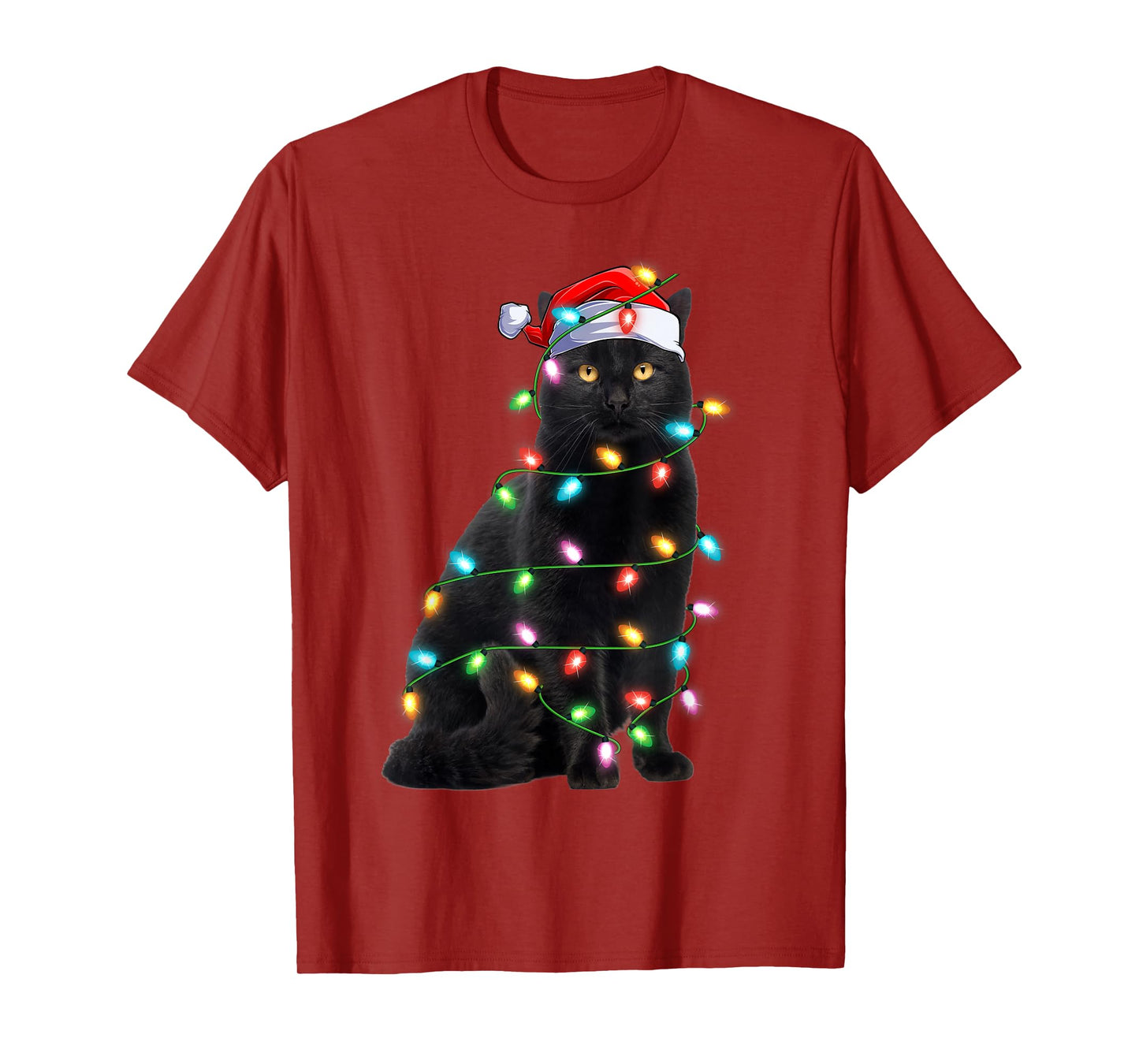 Xmas Lights Santa Hat Black Cat Christmas T-Shirt