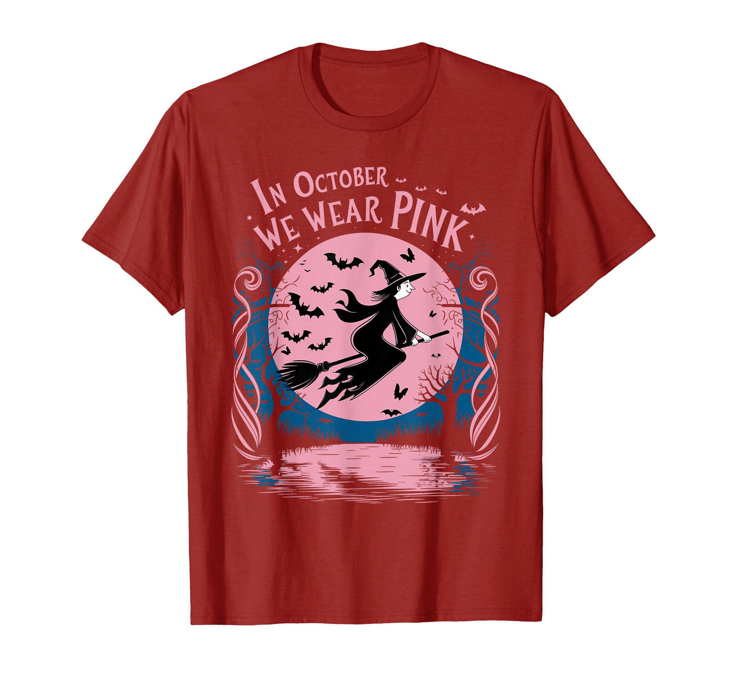 in October We Wear Pink Witch Halloween Breast Cancer T-Shirt