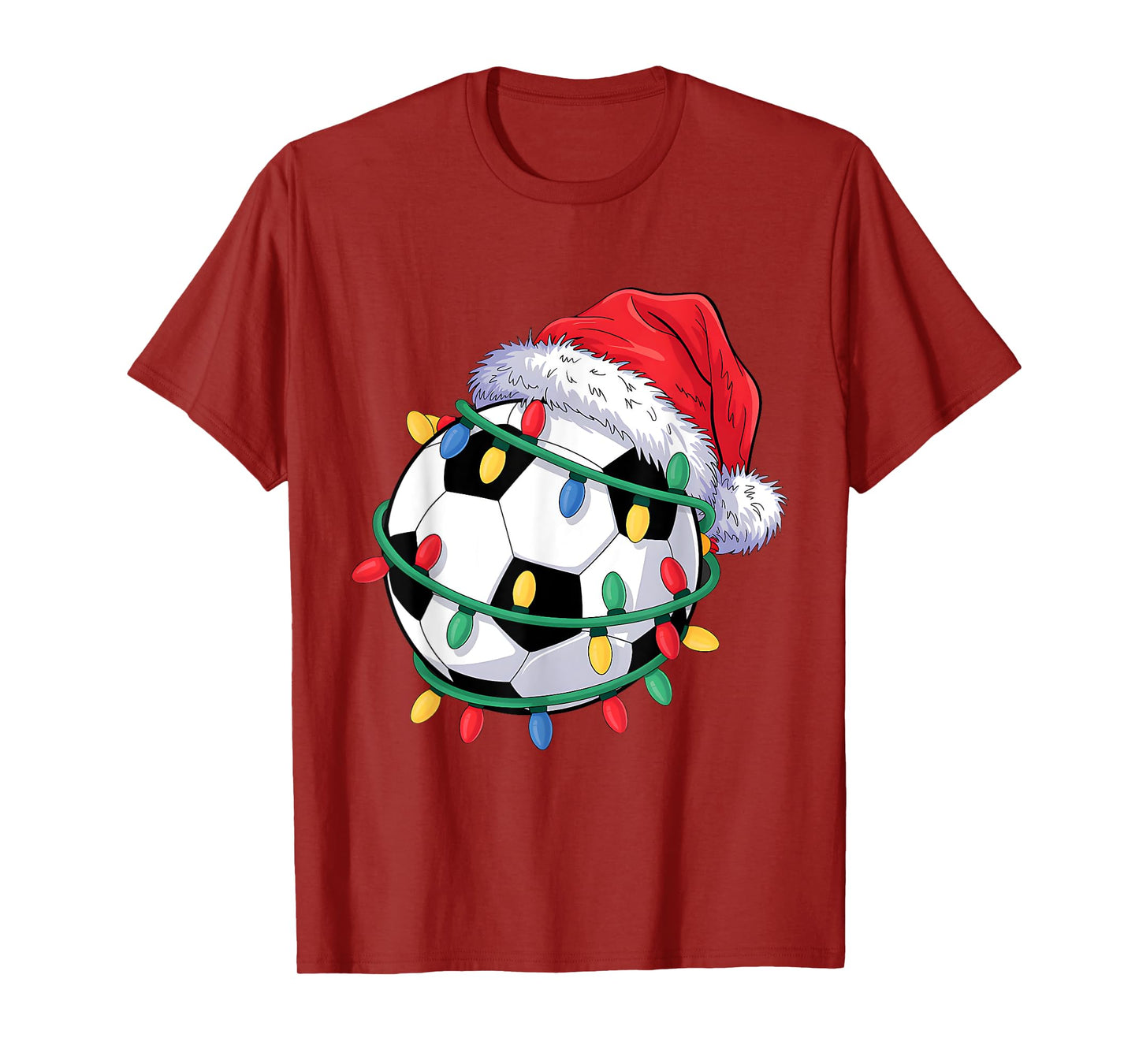 Soccer Ball Santa Hat Men Women Christmas Soccer Xmas Lights T-Shirt