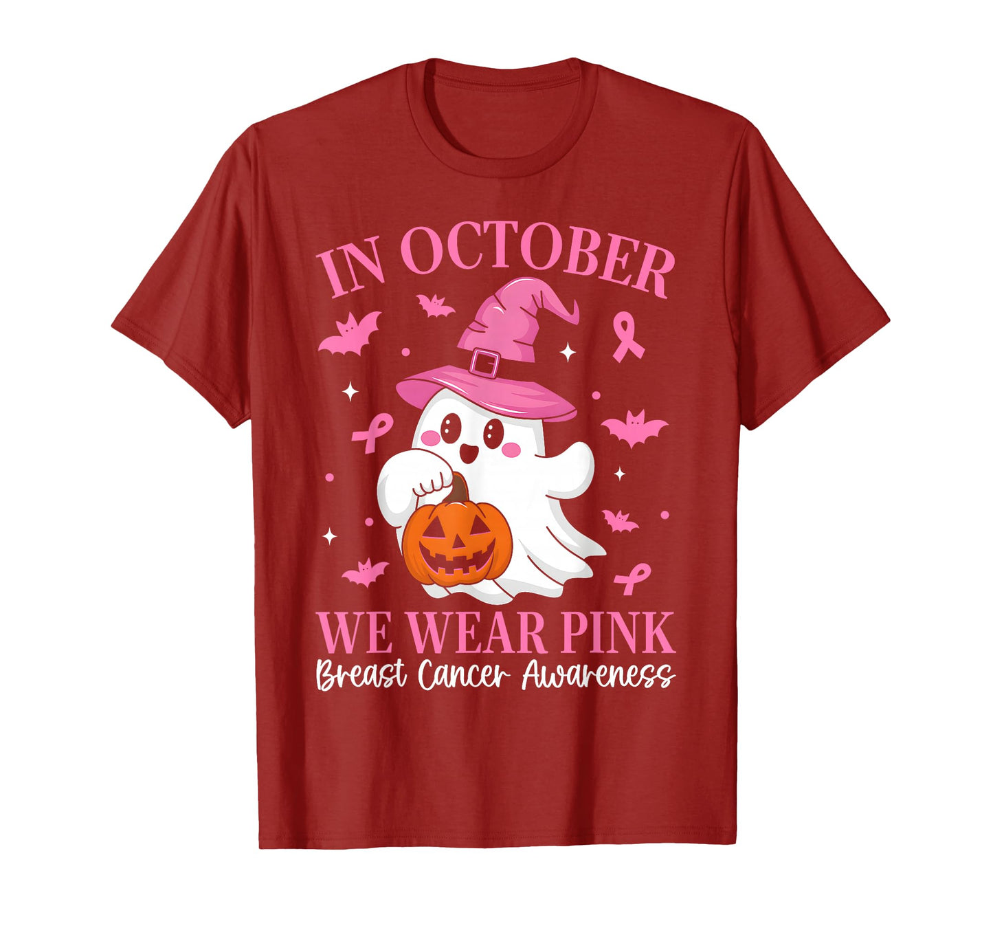in October We Wear Pink Ghost Witch Breast Cancer Awareness T-Shirt