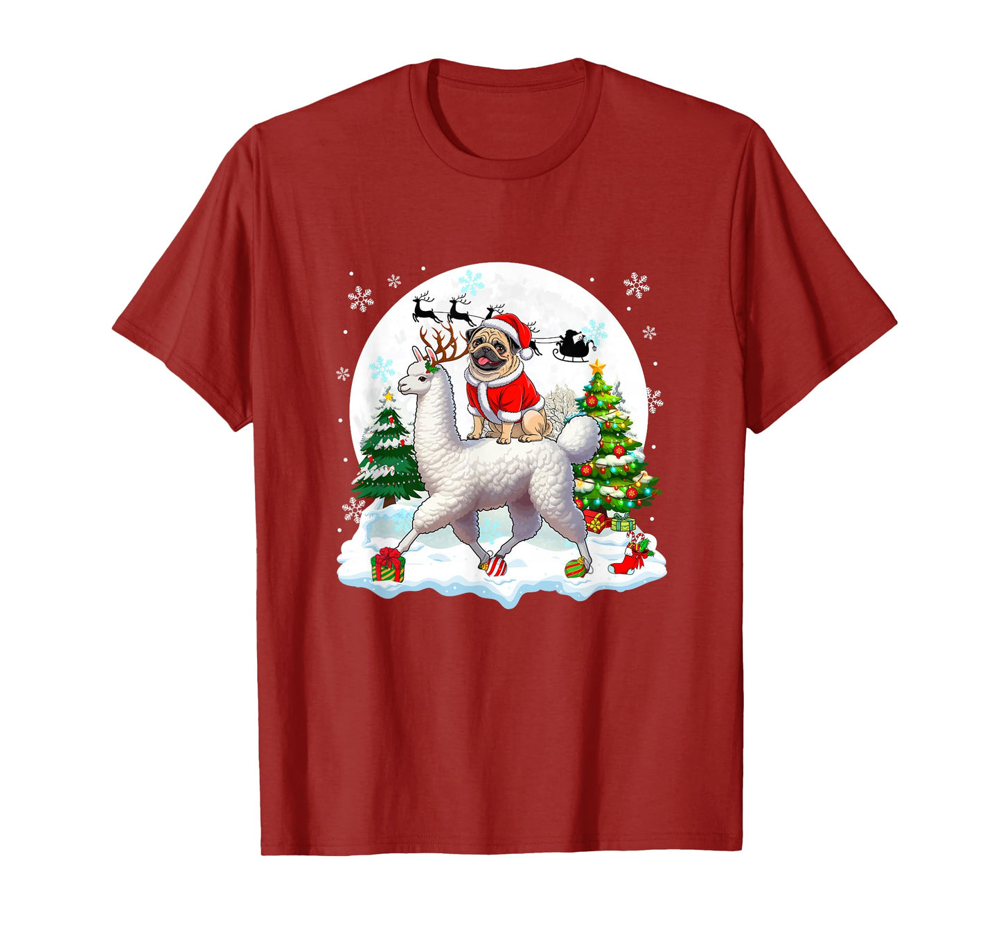 Santa Pug Riding Llama Reindeer Christmas Owner Kids T-Shirt