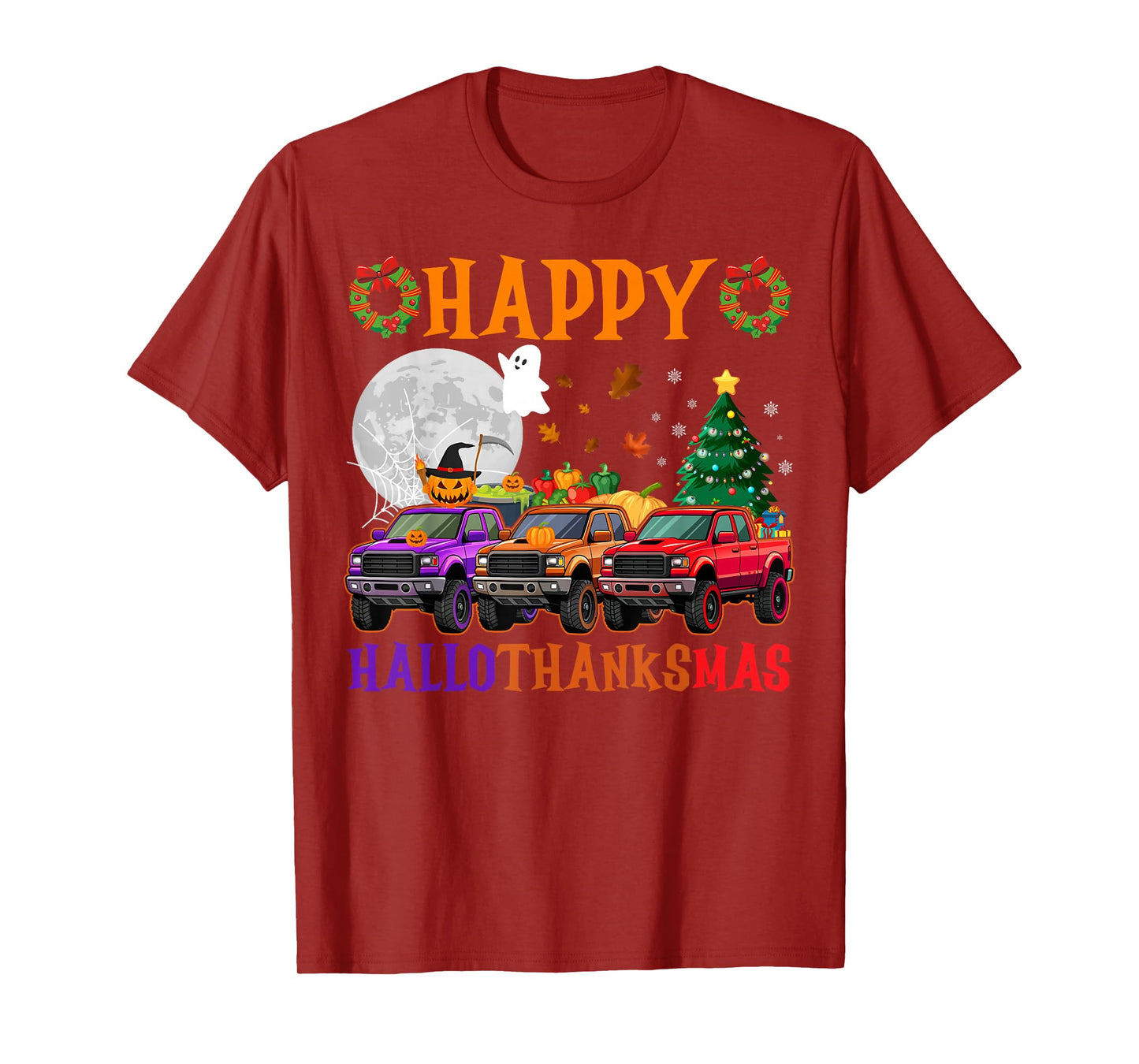 Happy Hallothanksmas Trucks Halloween Thanksgiving Christmas T-Shirt