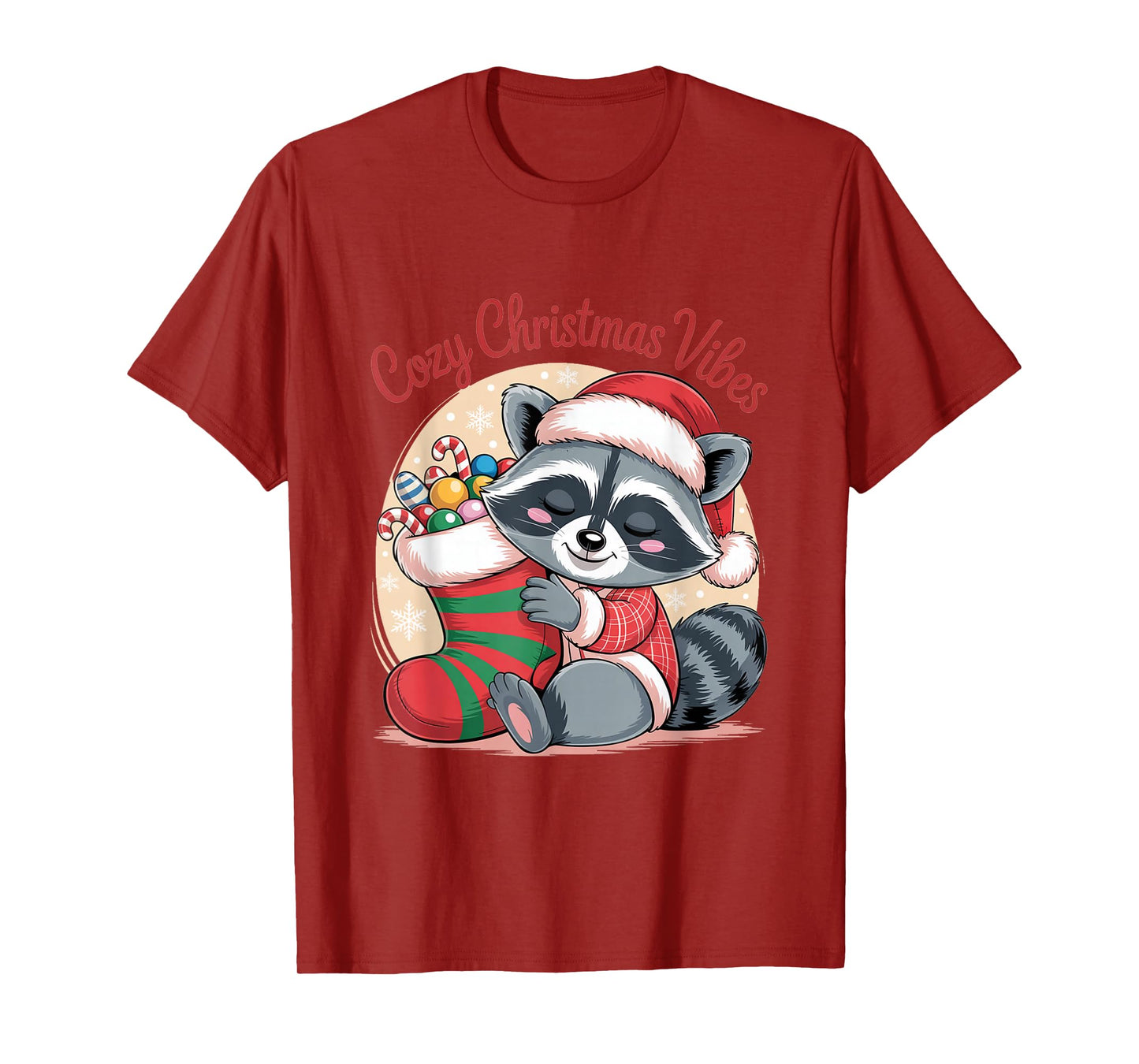 Cozy Christmas Vibes Raccoon with Candy Cane Stocking T-Shirt