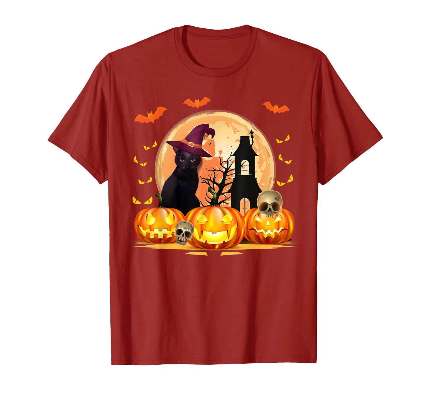 Black Cat with Witch Hat & Pumpkins Halloween Costume Day T-Shirt