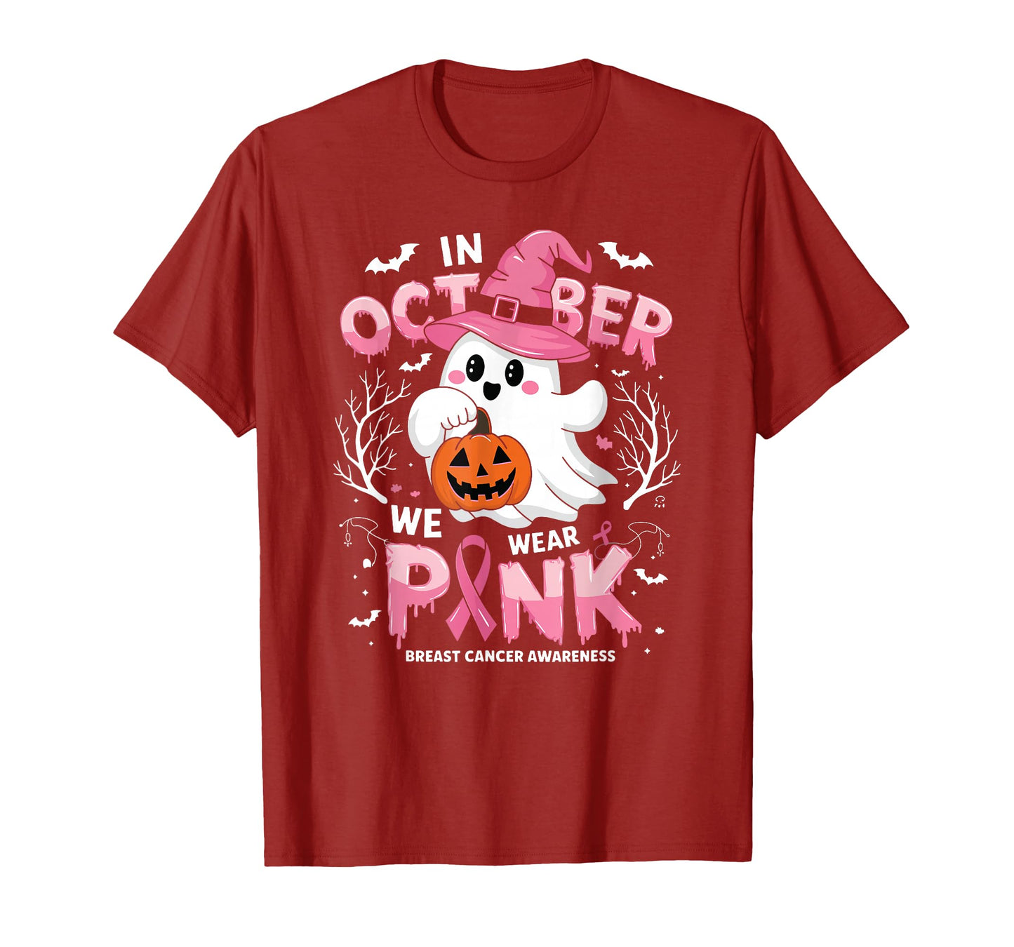 Halloween October We Wear Pink Breast Cancer Awareness Ghost T-Shirt