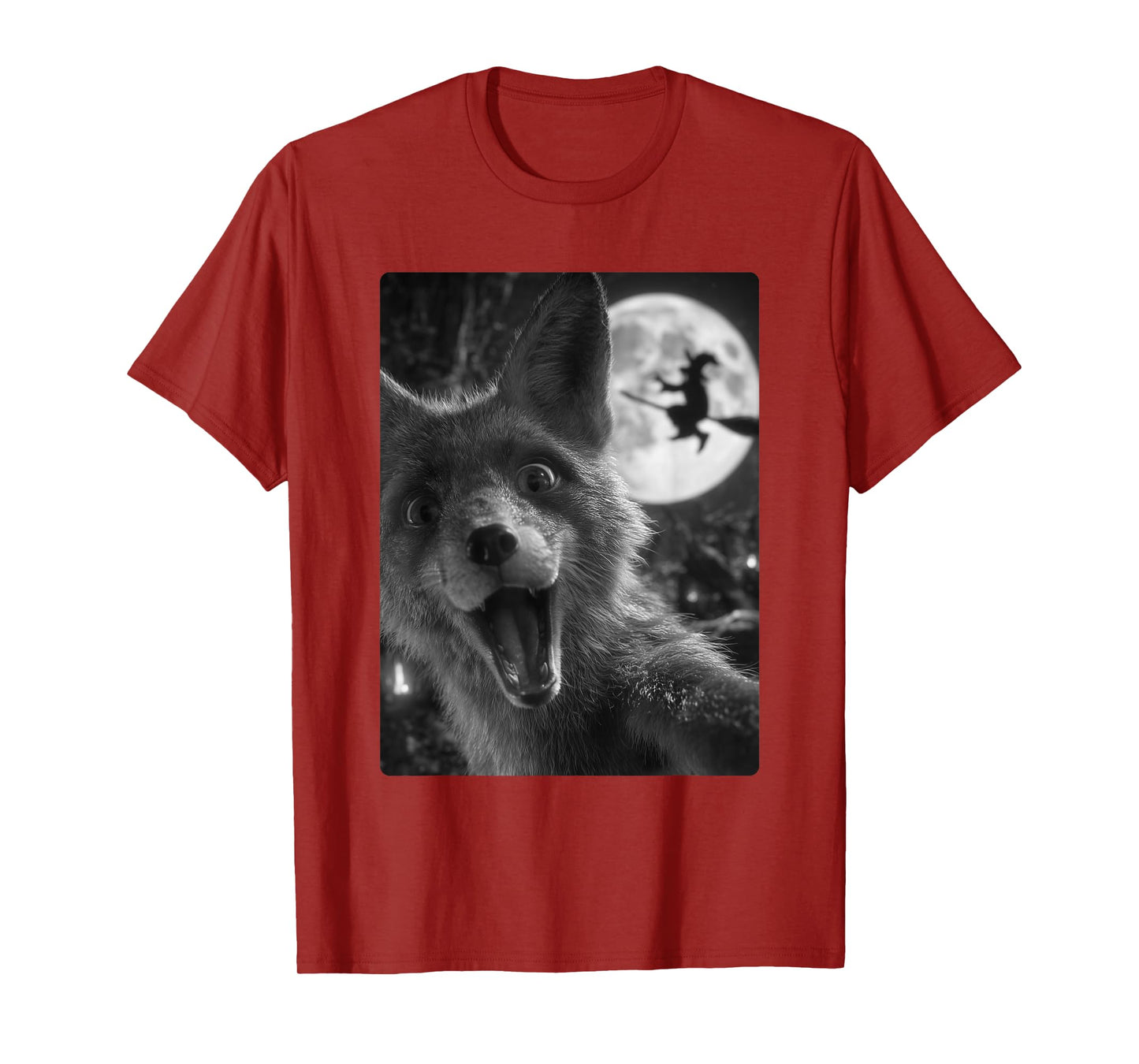Funny Fox Selfie Full Moon Flying Witch Forest Halloween T-Shirt