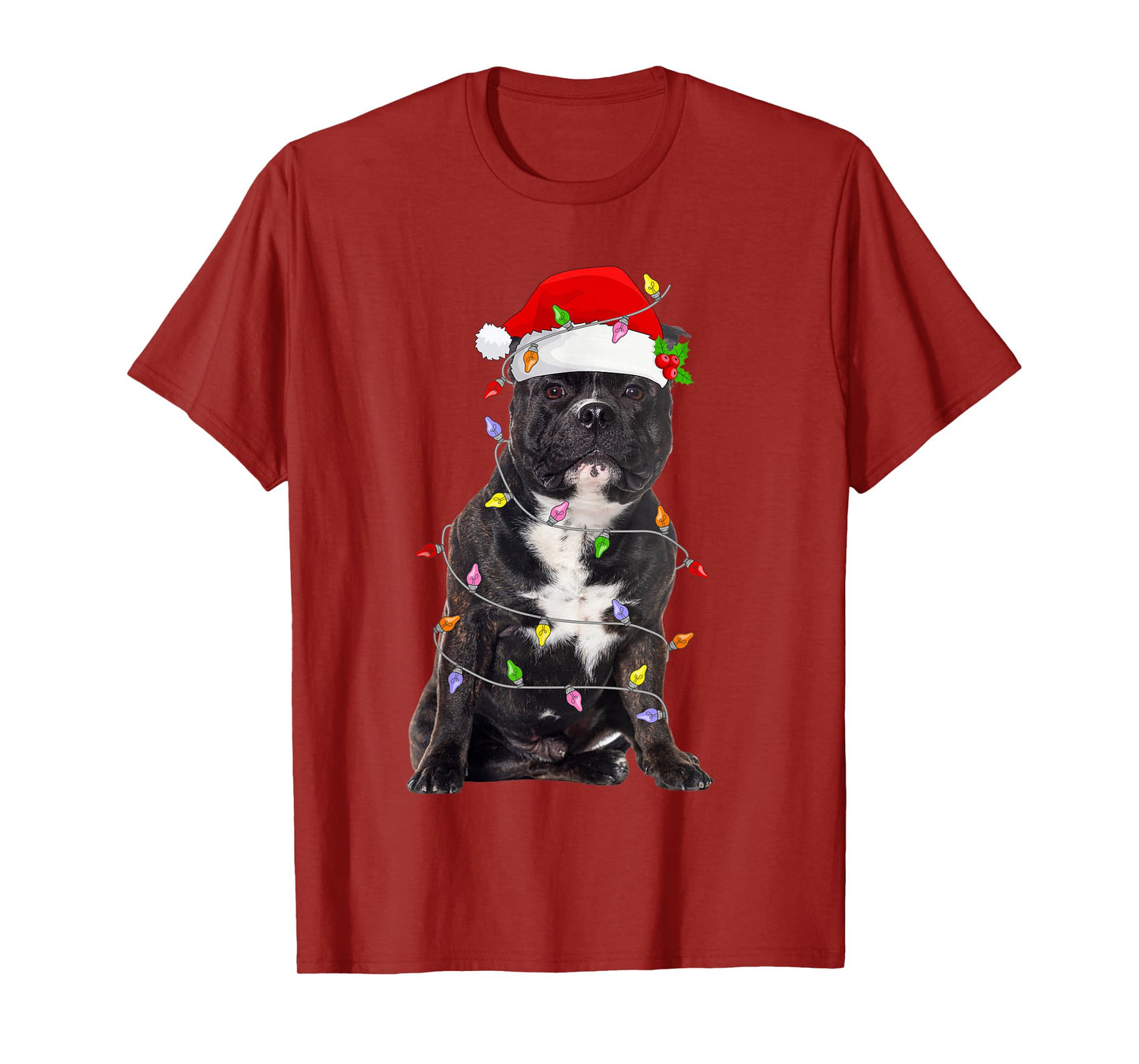 Pitbull Dog Christmas Santa Hat Lights Funny Pet Dog Xmas T-Shirt