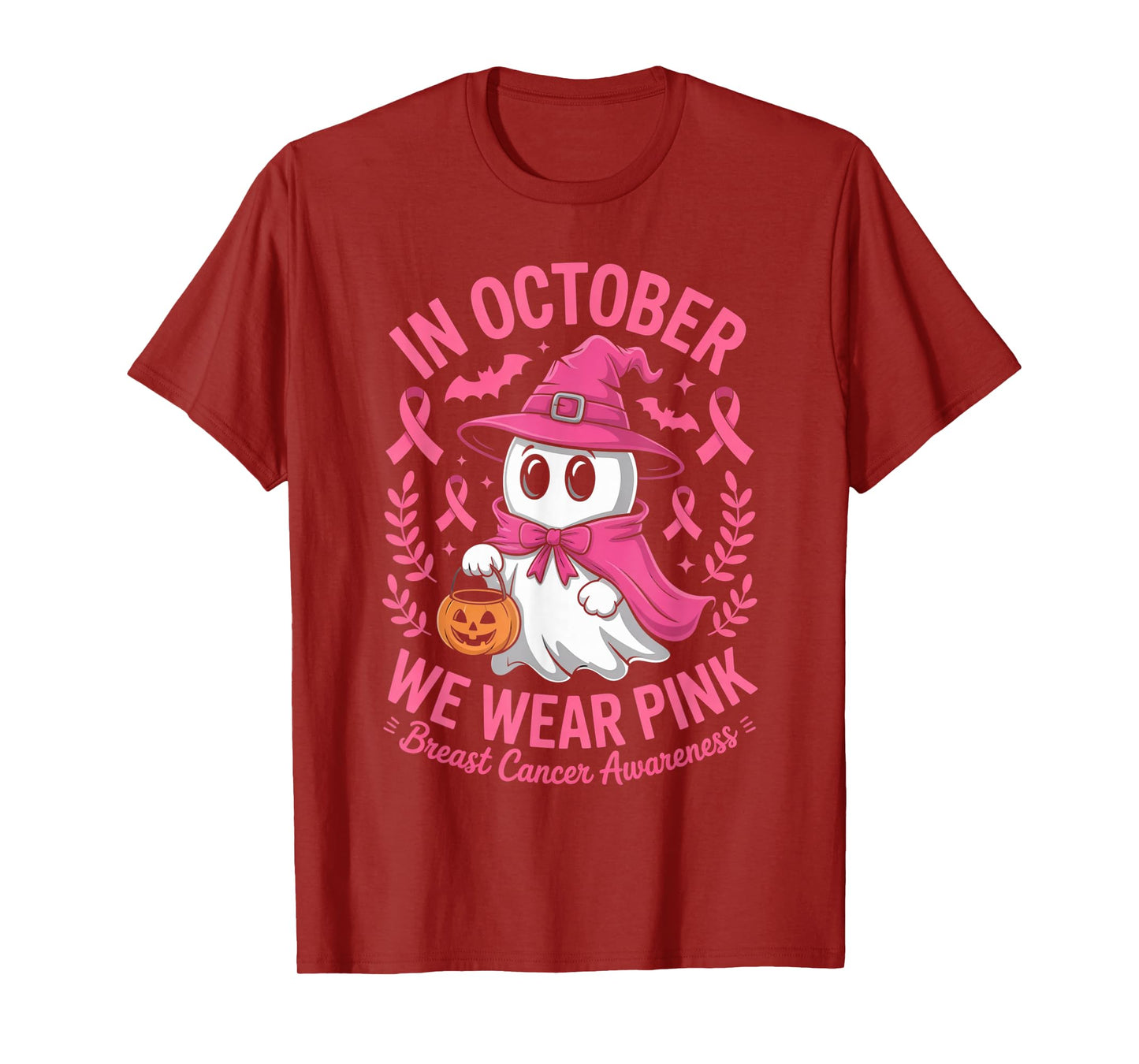 in October We Wear Pink Ghost Witch Breast Cancer Awareness T-Shirt