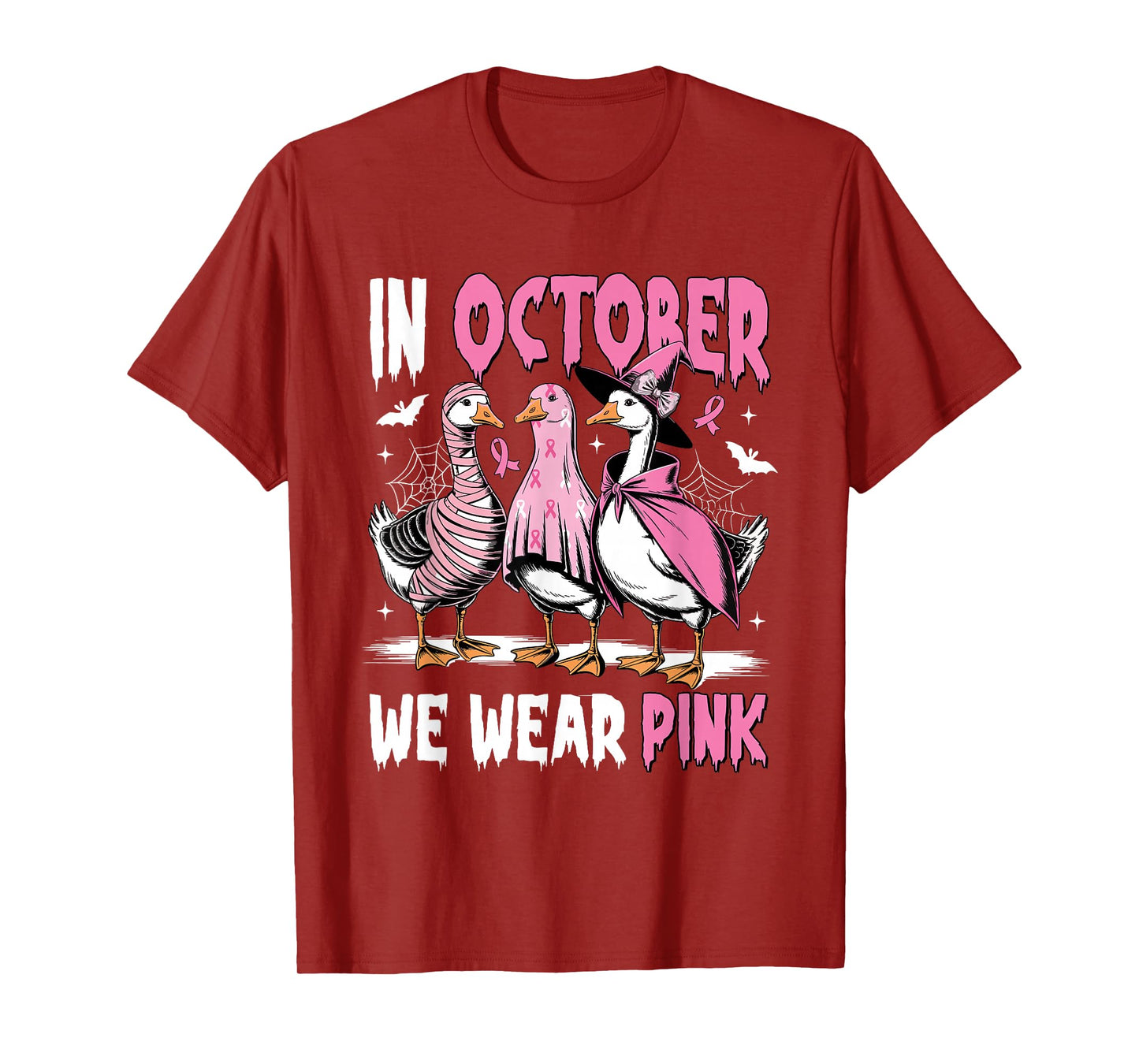 in October We Wear Pink Breast Cancer Halloween Silly Goose T-Shirt