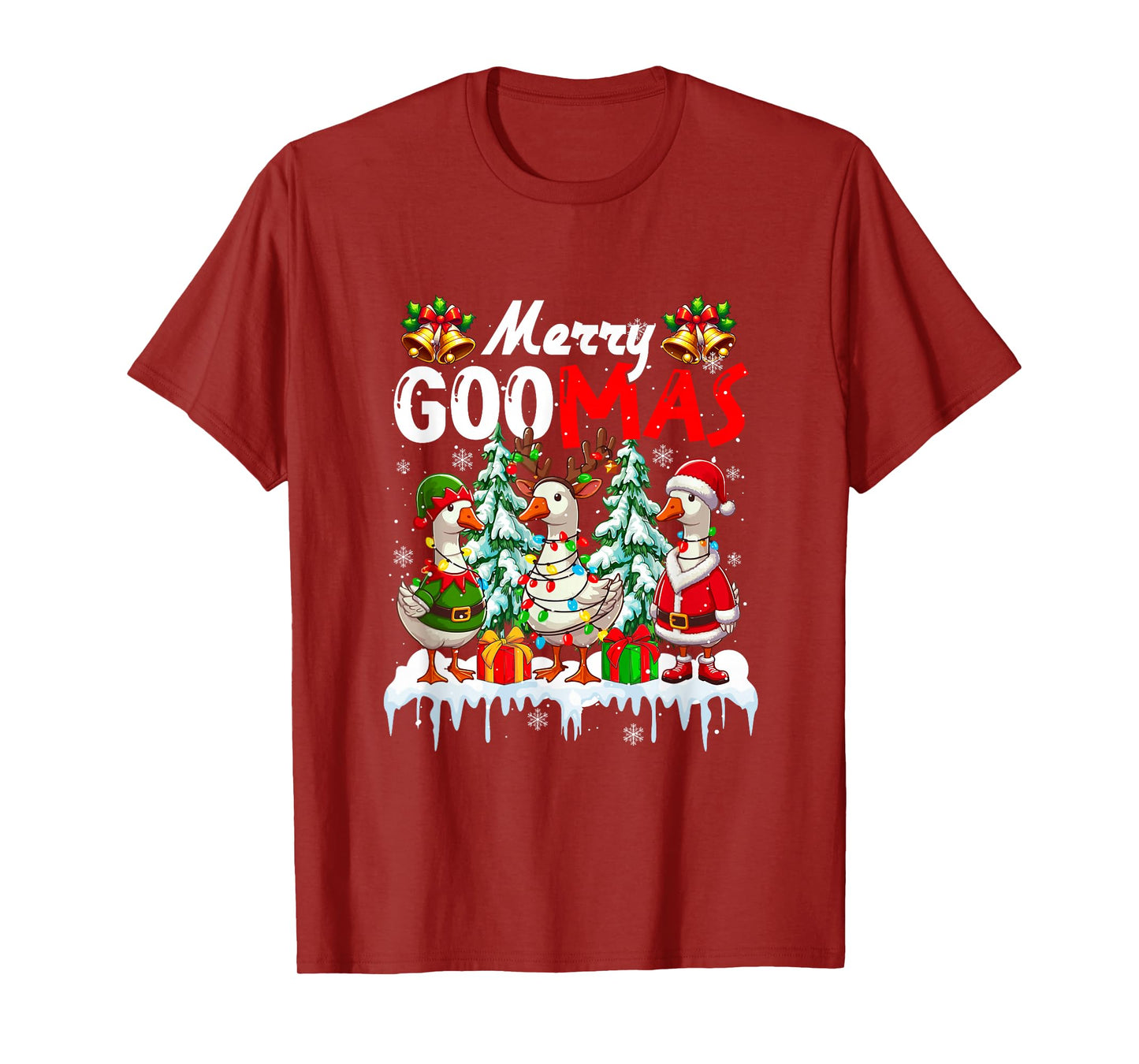 Merry Christmas Snow Three Santa Reindeer Elf Gooses Farmer T-Shirt