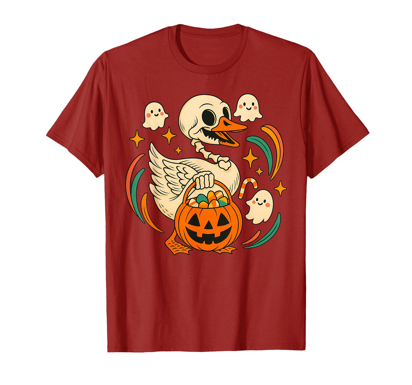Halloween Goose Skeleton with Witch Hat Pumpkin Candy Bucket T-Shirt