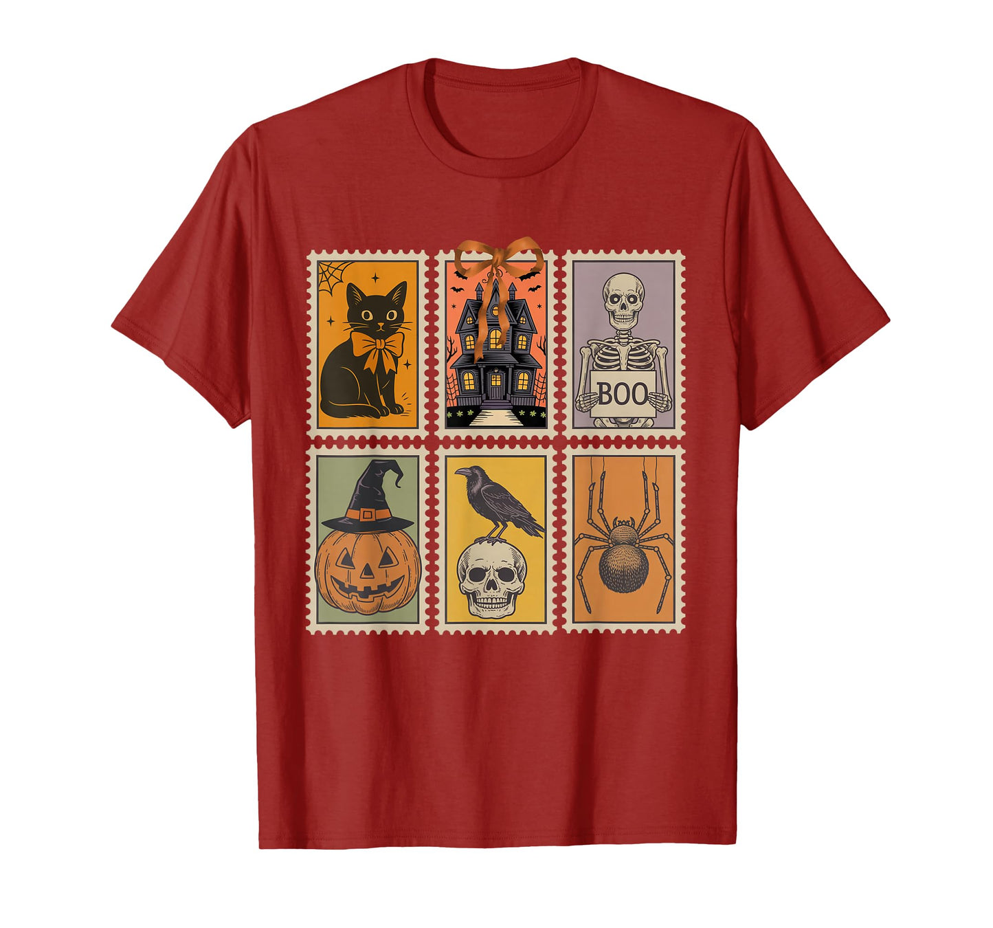 Vintage Halloween Stamp Cute Ghost Pumpkin Cat Retro Fall T-Shirt