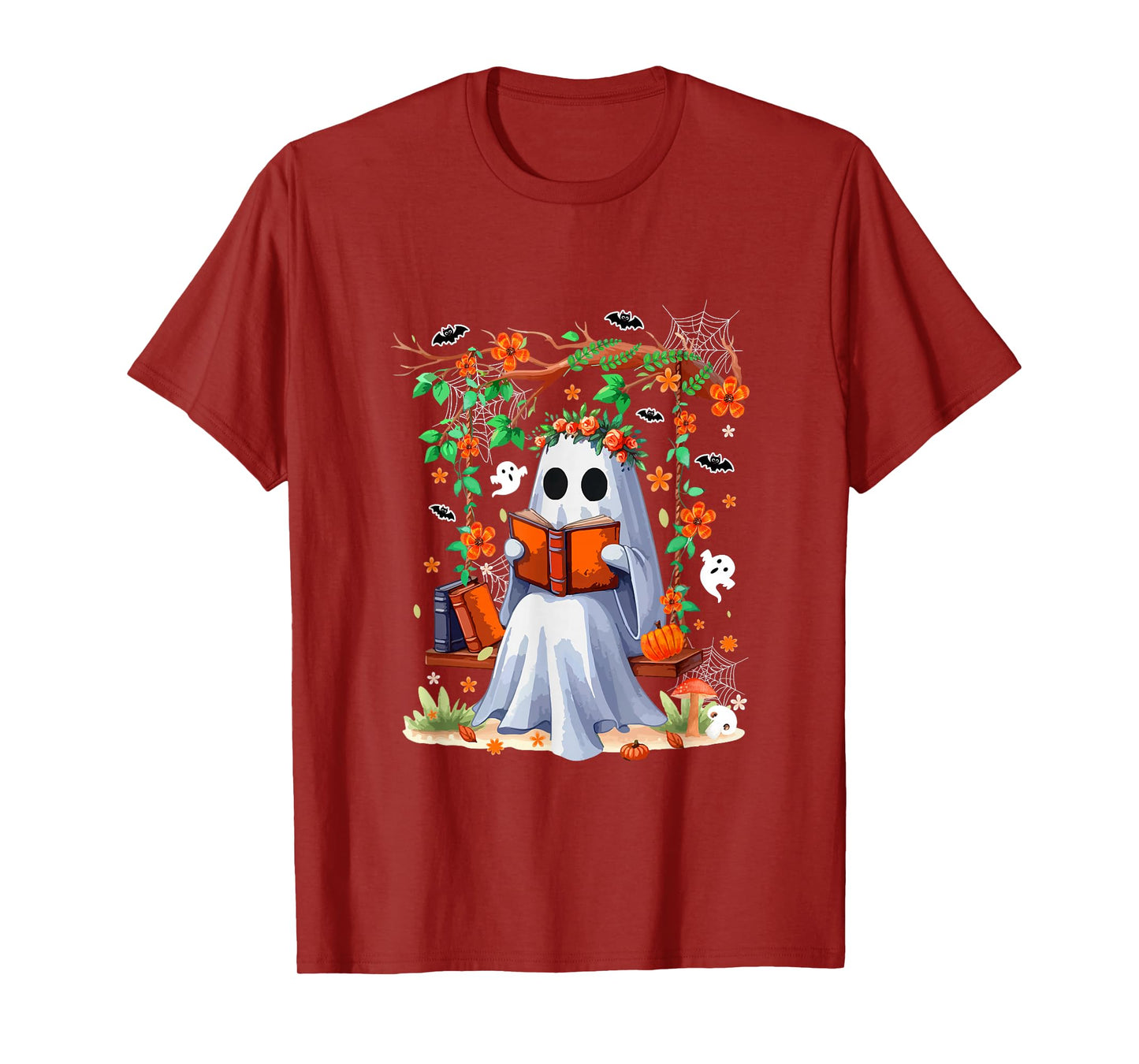 Cute Boo On Swing Reading Book Halloween Colorful Flowers T-Shirt