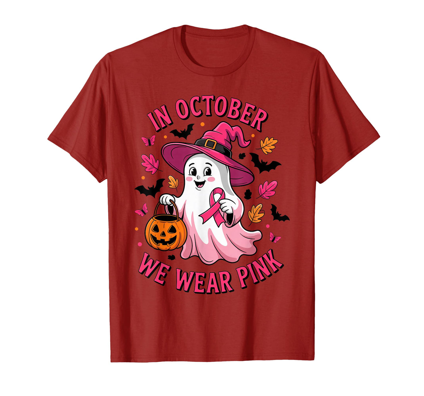 in October We Wear Pink Ribbon Ghost Breast Cancer Awareness T-Shirt