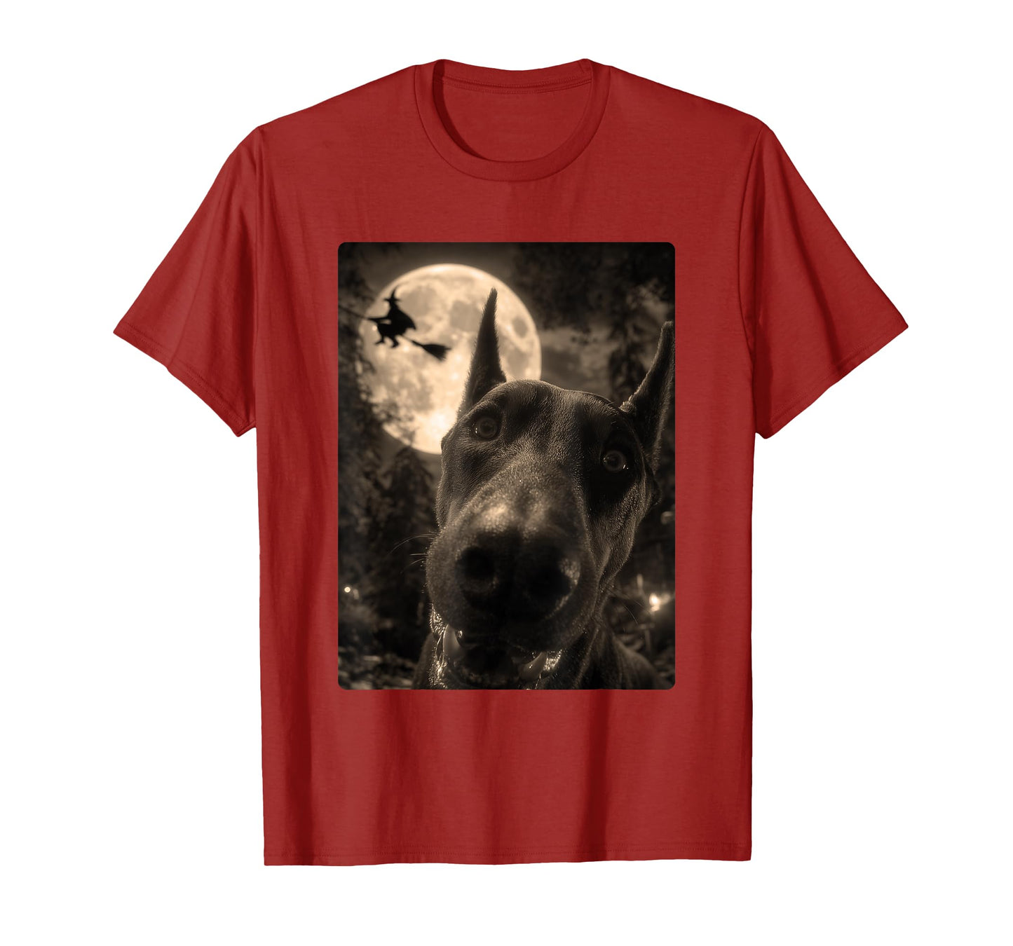 Funny Doberman Selfie Full Moon Flying Witch Halloween Dog T-Shirt