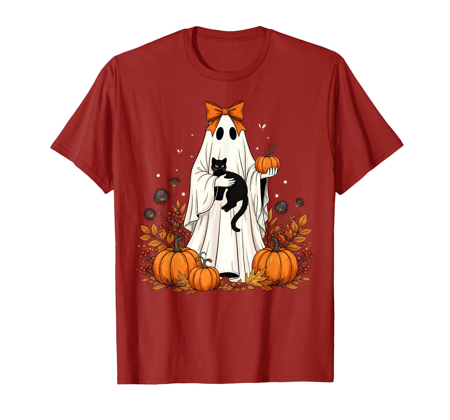 Vintage Halloween Ghost Holding Black Cat Groovy Floral T-Shirt