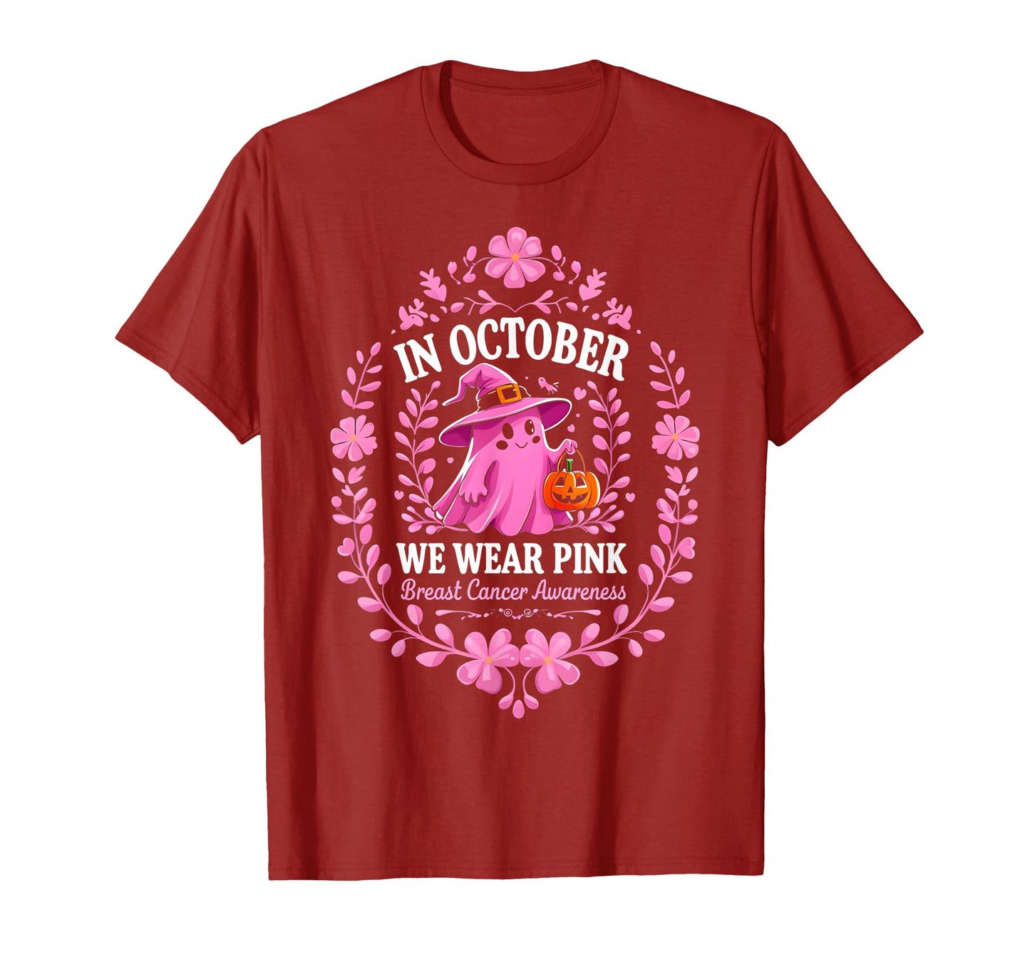 in October We Wear Pink Ghost Breast Cancer Awareness Design T-Shirt