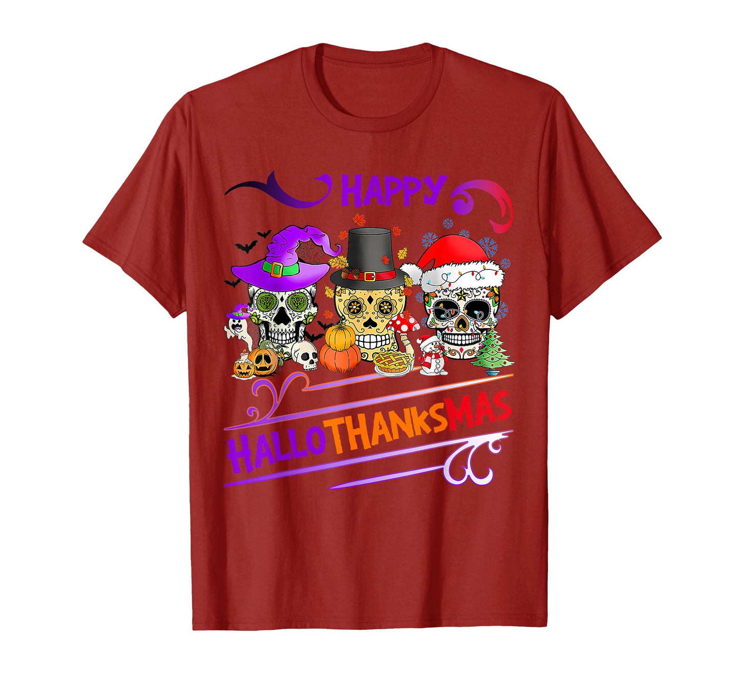 Sugar Skull Happy Hallothanksmas Halloween Thanksgiving Xmas T-Shirt