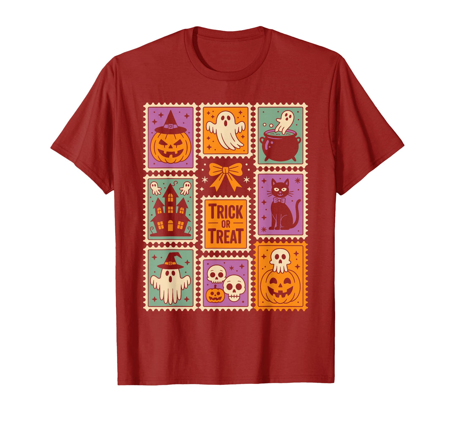 Halloween Stamps Spooky Pumpkin Ghost Cat Witch Skeleton T-Shirt