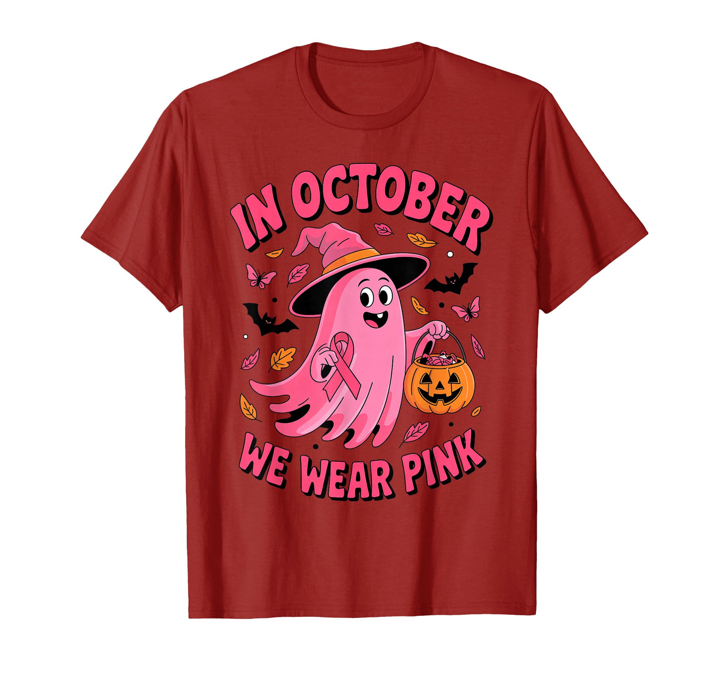 in October We Wear Pink Breast Cancer Ghost Witch Pumpkin T-Shirt