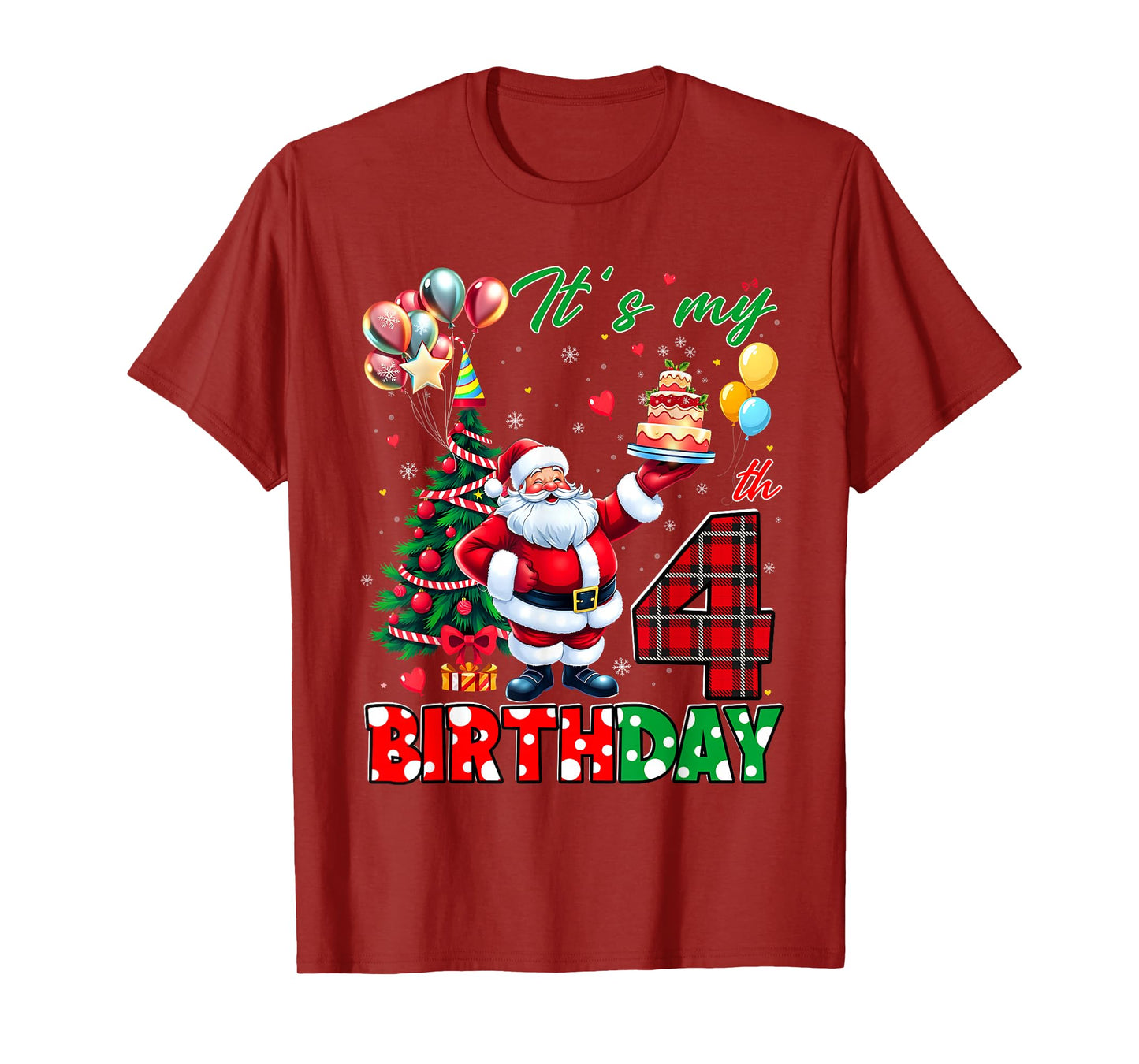 Kids It's My 4th Birthday Cute Santa Christmas 4 Years Old T-Shirt