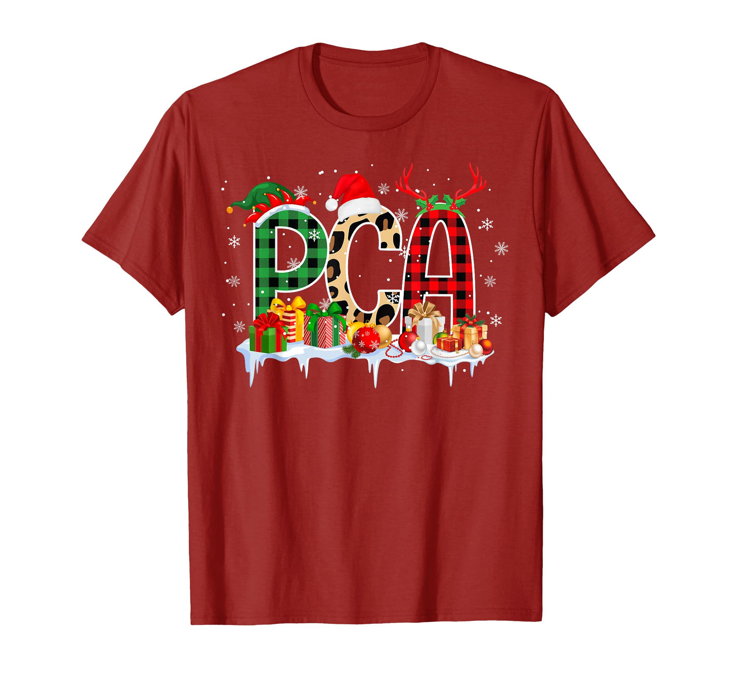 Leopard Red Plaid PCA Nursing Santa Hat Reindeer Christmas T-Shirt