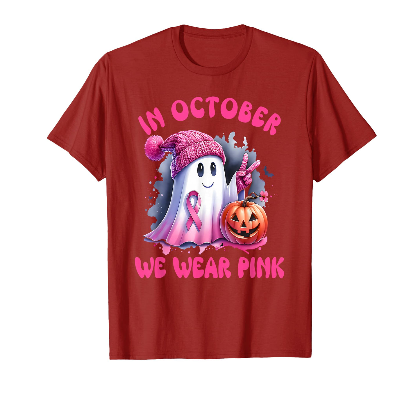 in October We Wear Pink Ghost Witch Breast Cancer Awareness T-Shirt