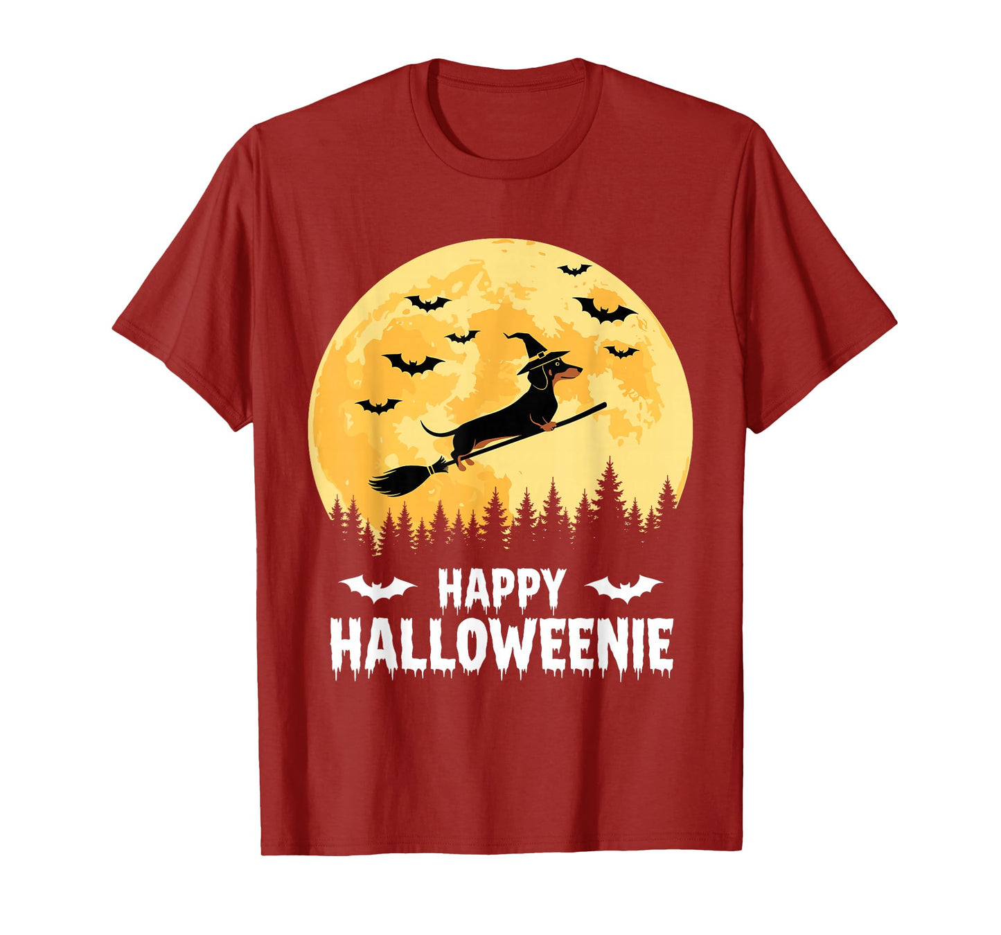 Happy Halloweenie Funny Halloween Dachshund Flying Witch T-Shirt