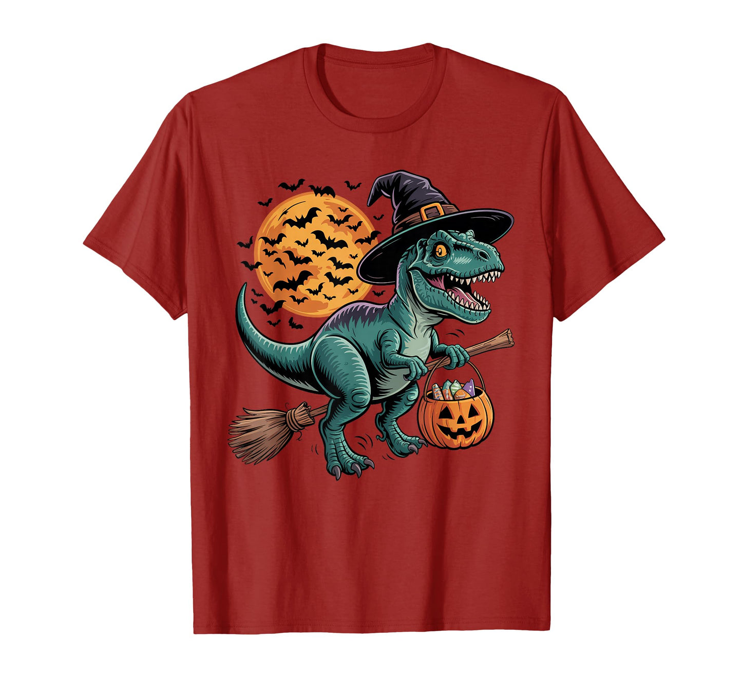 Cute Dinosaur Witch Riding Broom Halloween Pumpkin Kids Boys T-Shirt