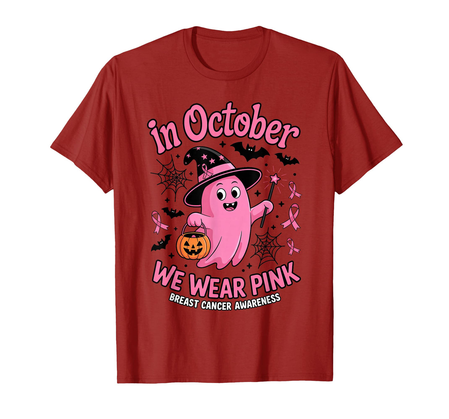 Ghost Witch in October We Wear Pink Halloween Breast Cancer T-Shirt