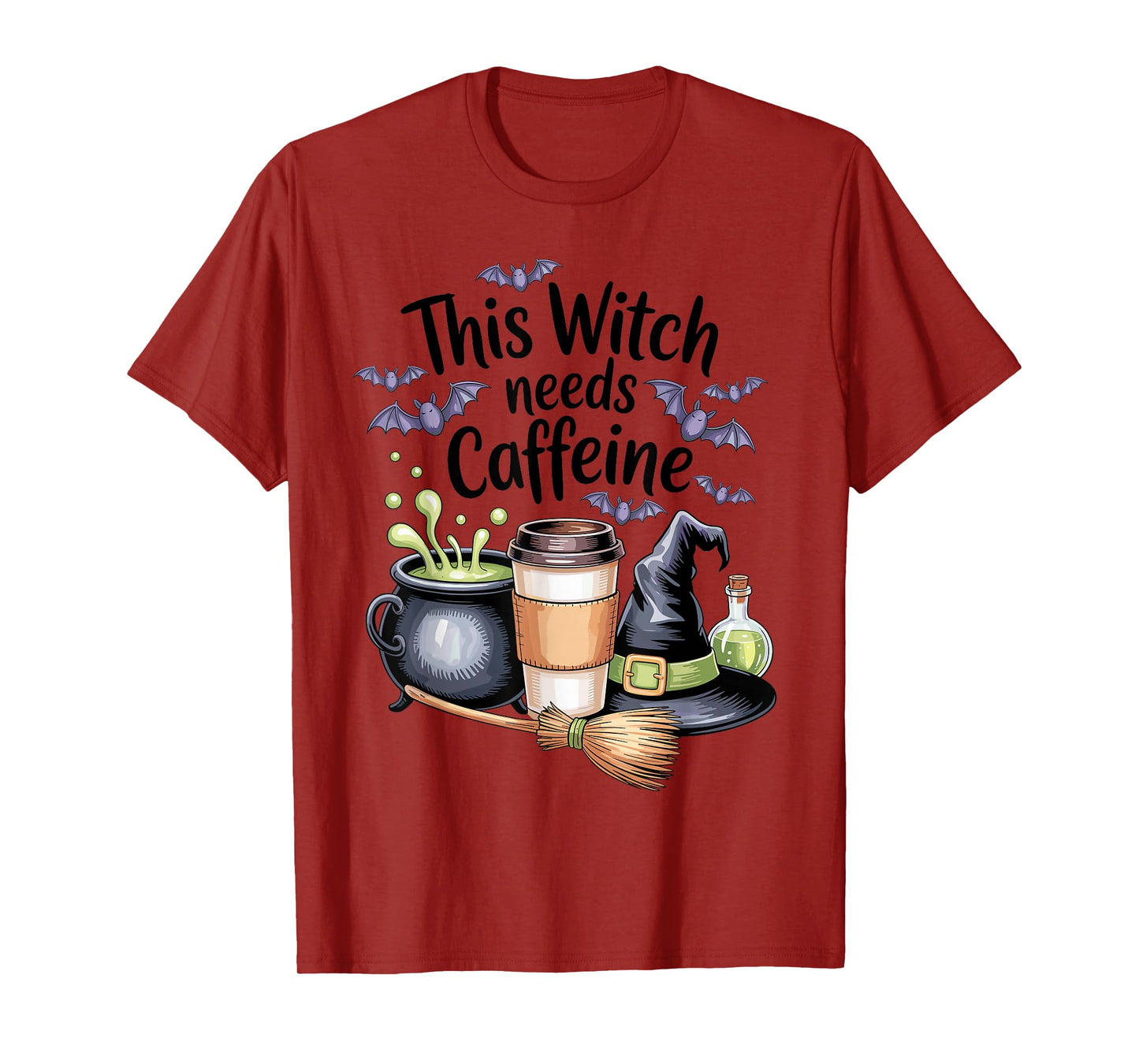 Halloween Witch Cauldron Broom and Matcha Coffee Cup T-Shirt