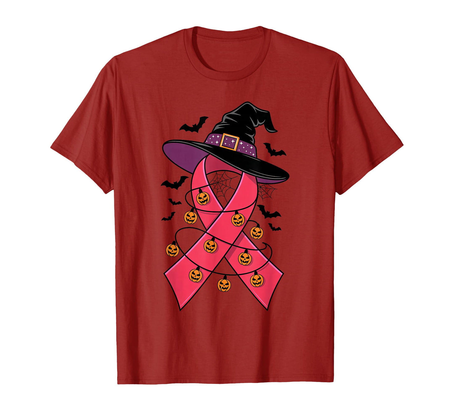 Pink Ribbon Witch Hat Halloween Breast Cancer Womens Girls T-Shirt